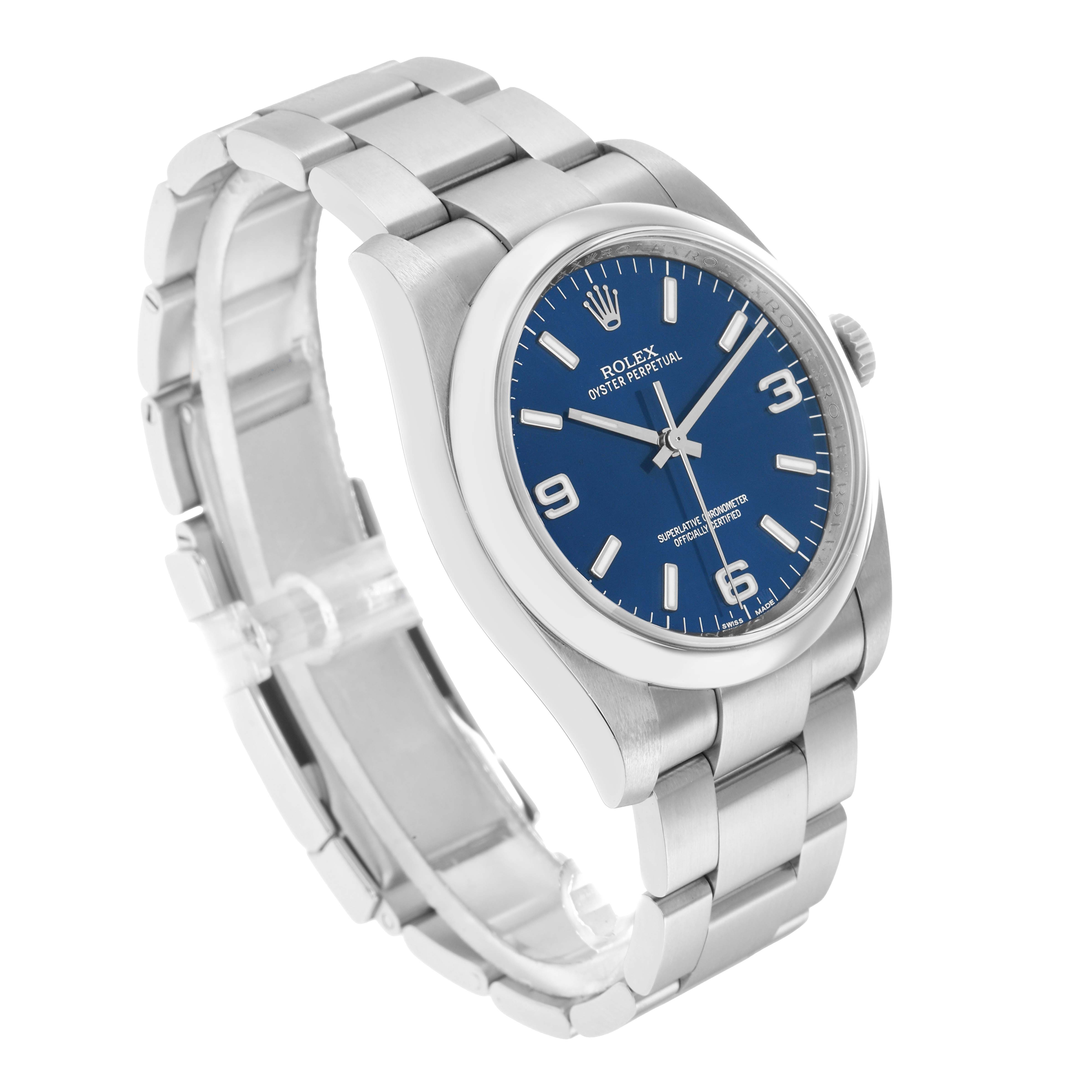 The Rolex Oyster Perpetual 116000 Men
s Stainless Steel Blue Dial watch is shown at a three-quarter angle, highlighting the face, bezel, and bracelet.