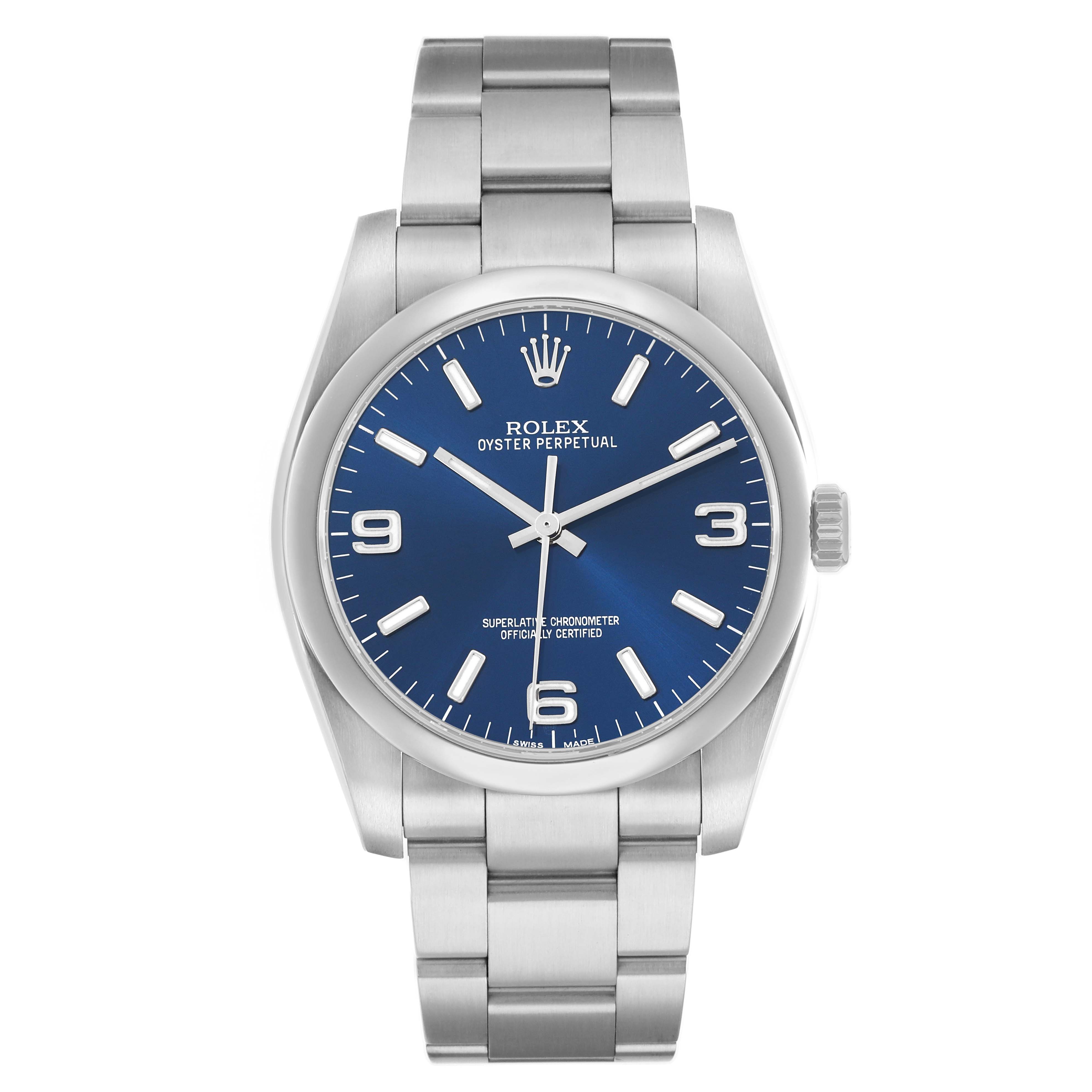 The Rolex Oyster Perpetual 116000 Men
s Stainless Steel Blue Dial watch is shown from a front angle, displaying the face, bracelet, and crown.