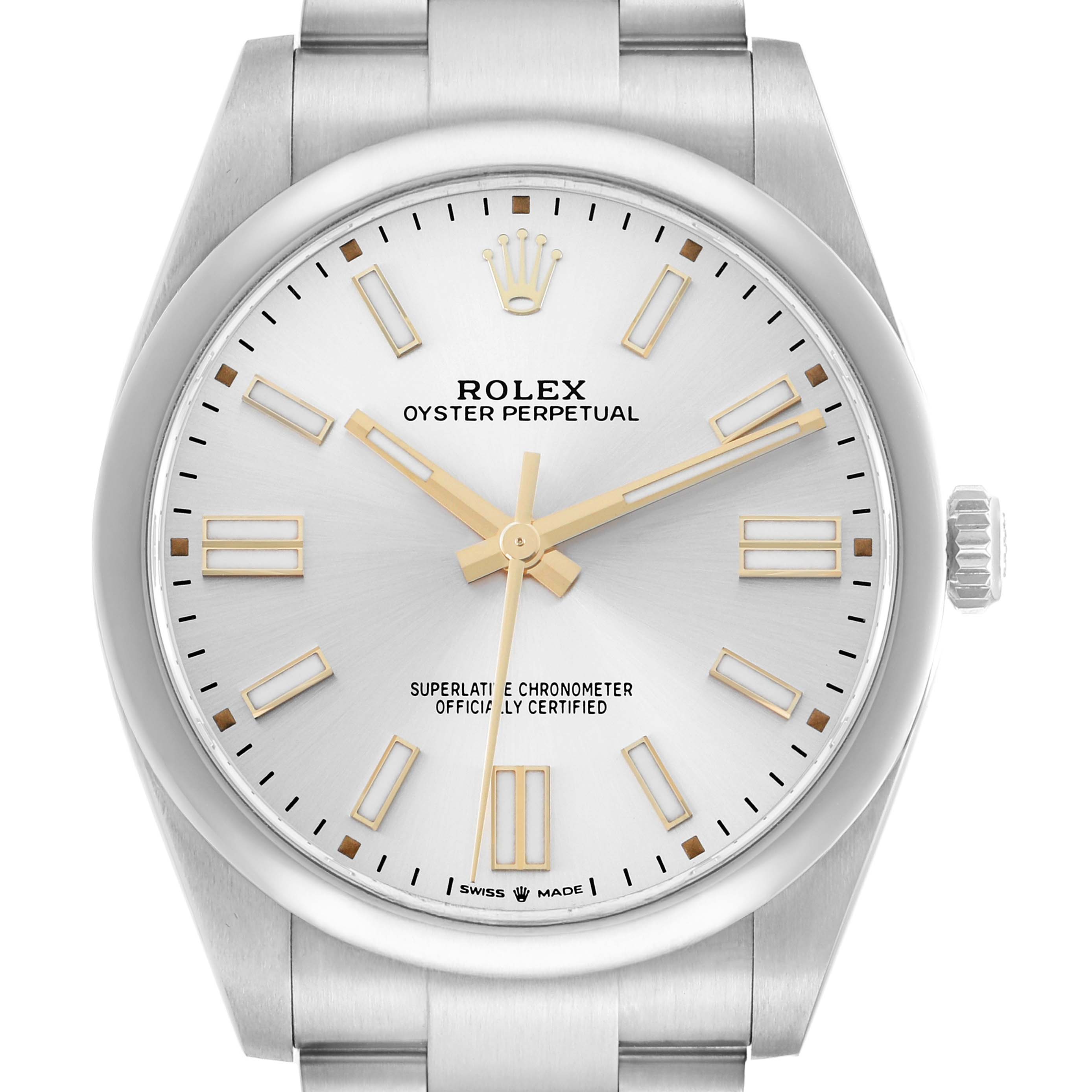 The Rolex Oyster Perpetual 124300 Men
s Stainless Steel Silver Dial watch is shown from a front angle, highlighting the dial, hands, and bracelet.