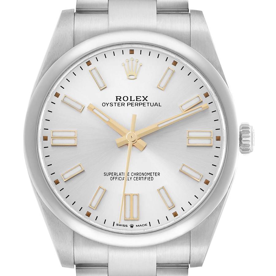 The Rolex Oyster Perpetual 124300 Men's Stainless Steel Silver Dial watch is shown from a front angle, highlighting the dial, hands, and bracelet.