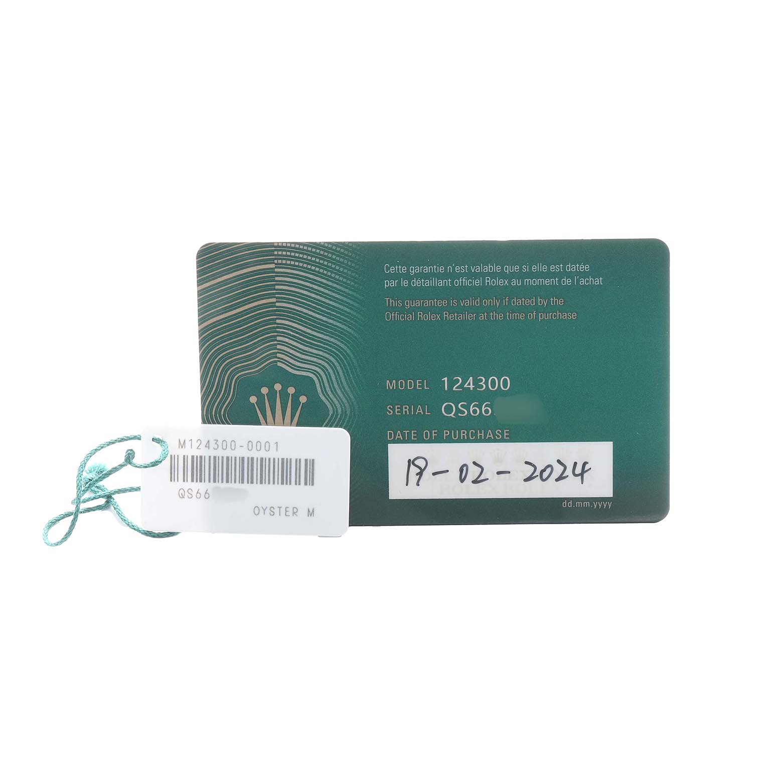 The image shows the warranty card and tag for the Rolex Oyster Perpetual 124300 Men
s Stainless Steel Silver Dial model 124300, displaying model and purchase details.