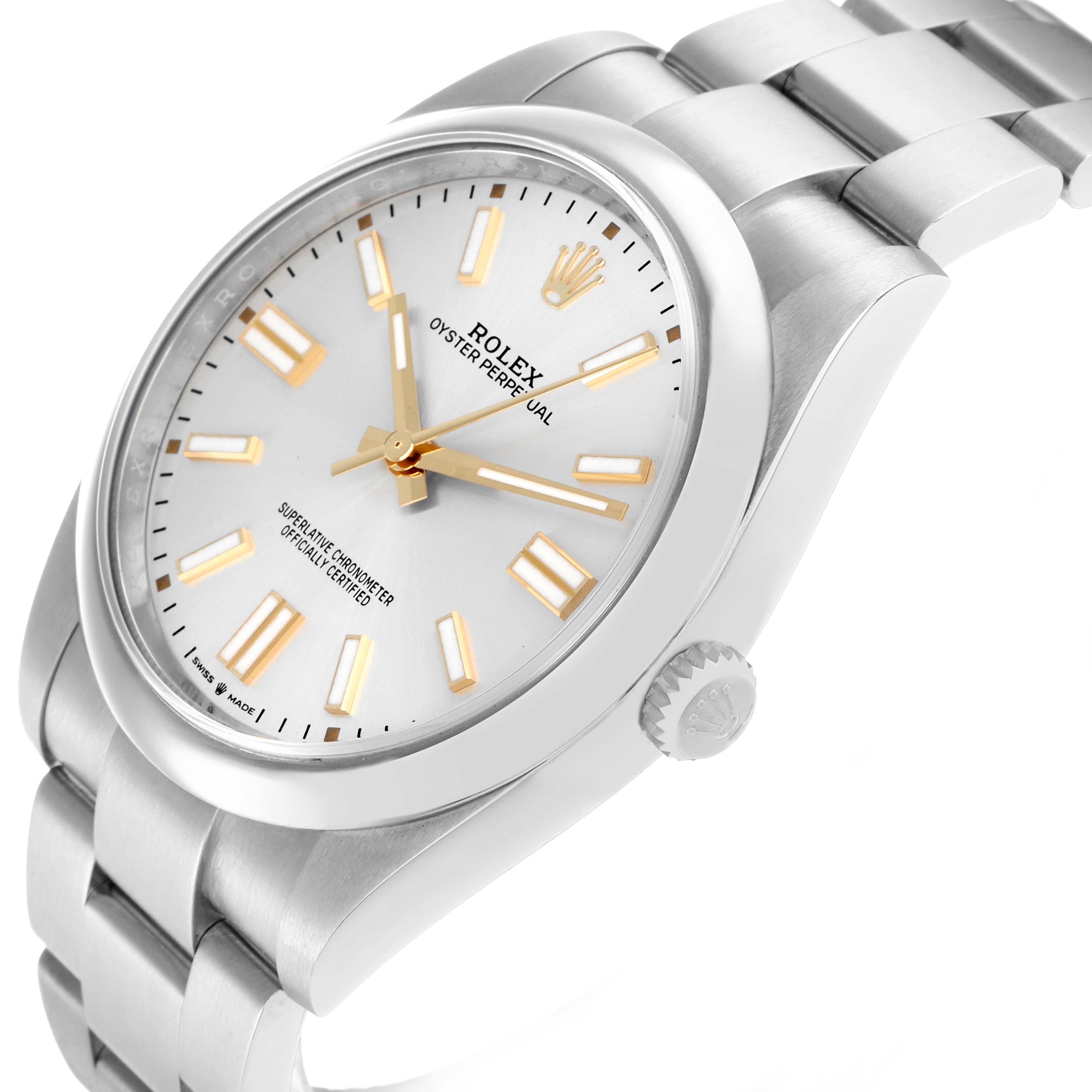The Rolex Oyster Perpetual 124300 Men
s Stainless Steel Silver Dial watch is shown at an angle highlighting the white dial, gold hour markers, and side crown.