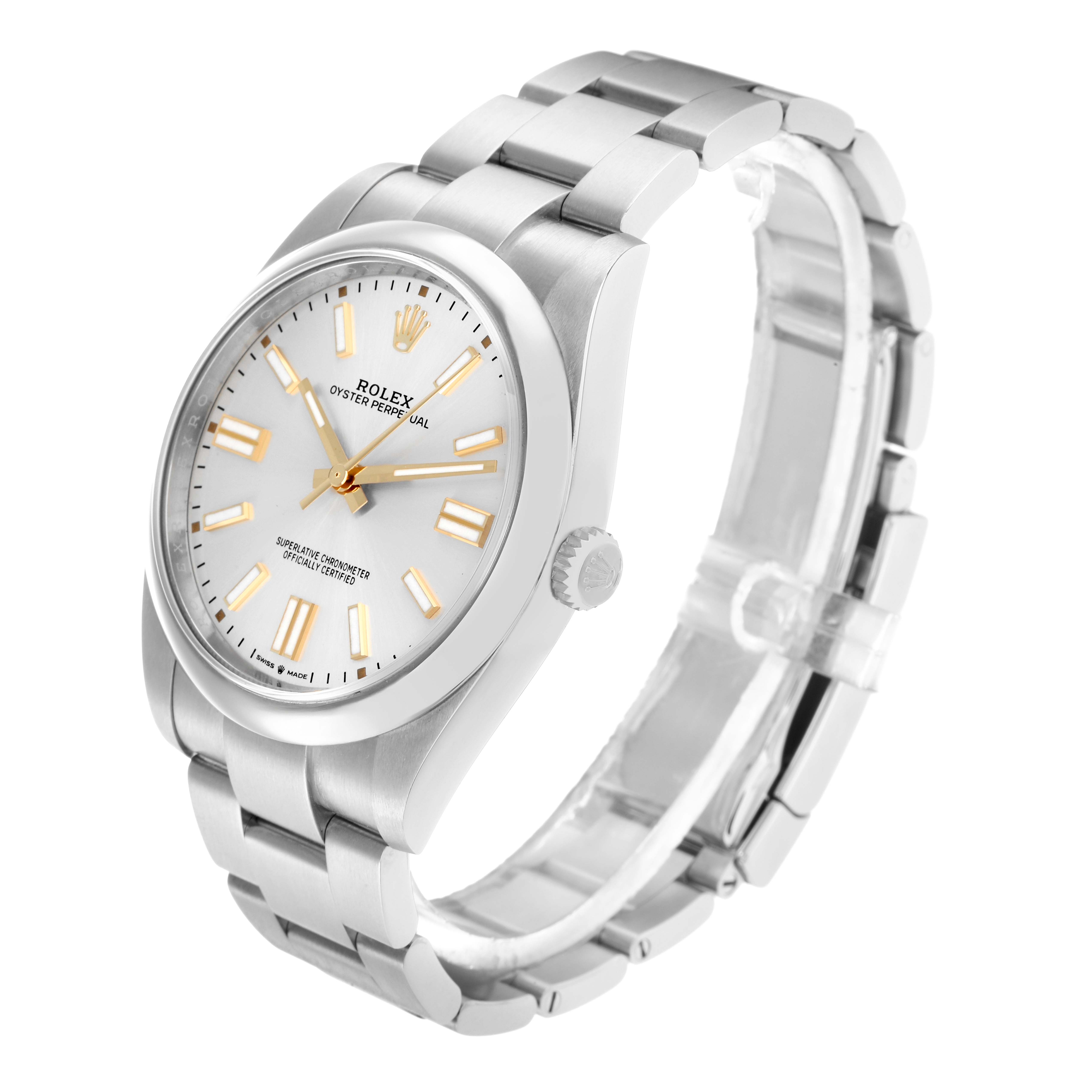 The Rolex Oyster Perpetual 124300 Men
s Stainless Steel Silver Dial watch is shown in a three-quarter view, highlighting the case, dial, bracelet, and crown.