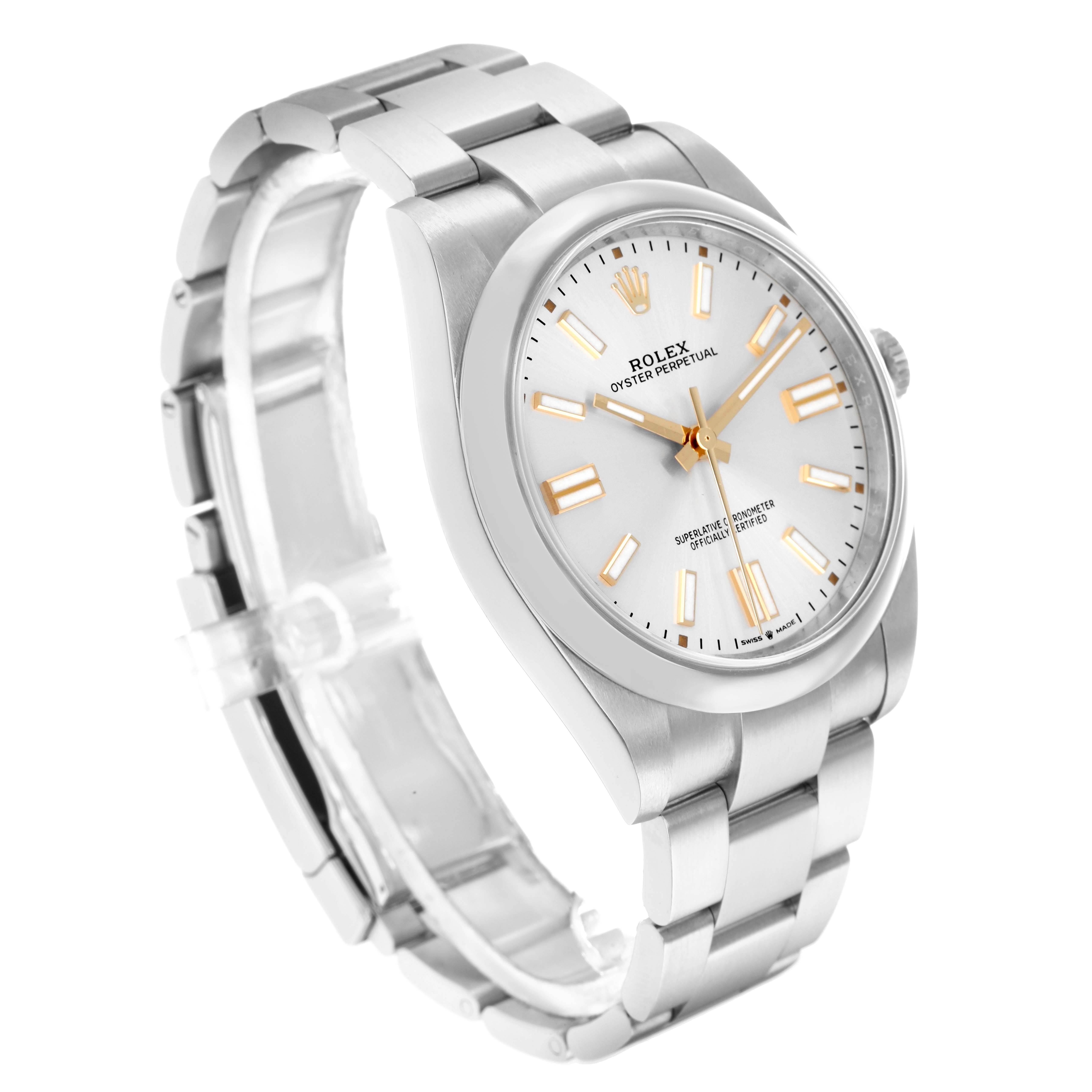 The Rolex Oyster Perpetual 124300 Men
s Stainless Steel Silver Dial watch is shown at an angled side view, displaying the face and bracelet.