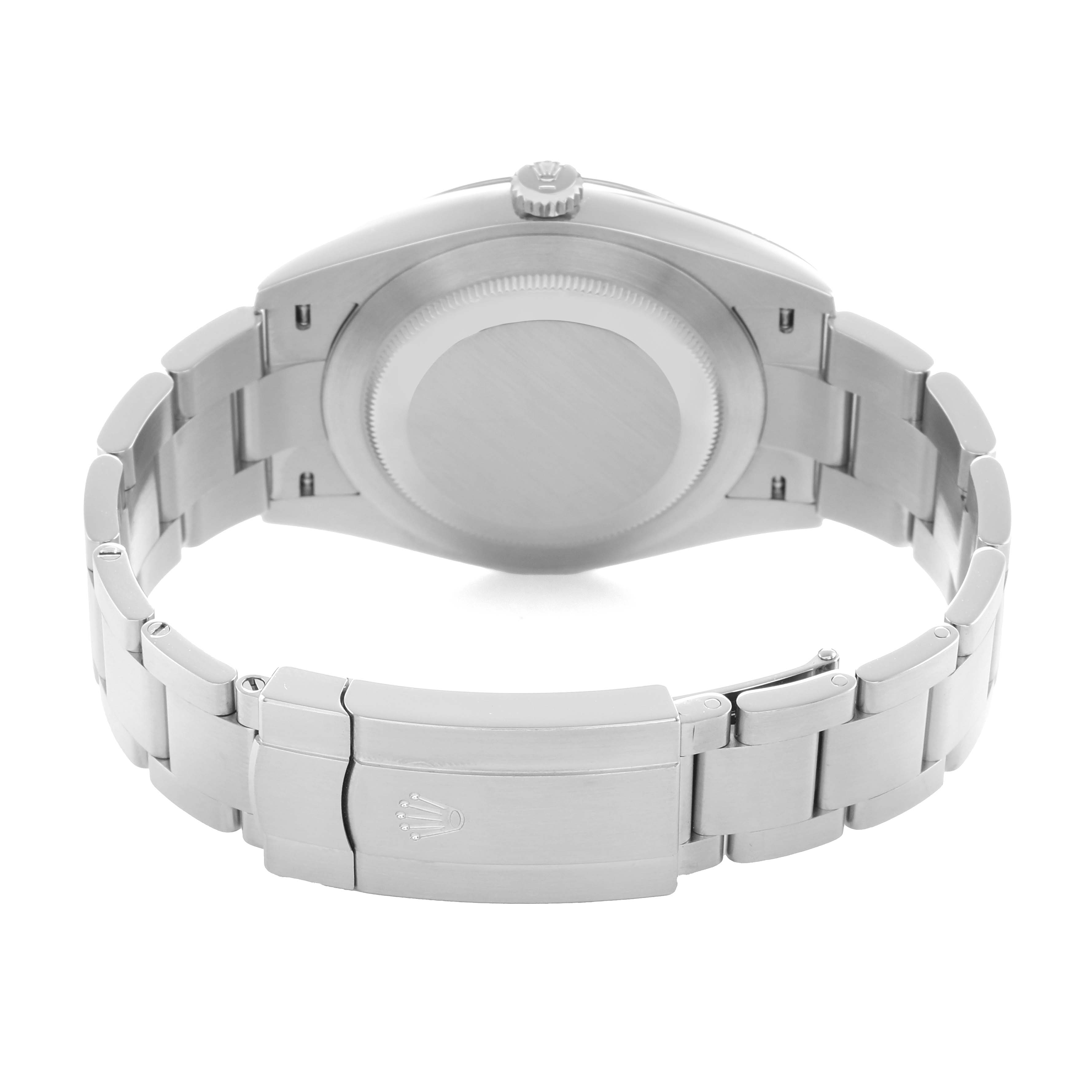 The image shows the back view of a Rolex Oyster Perpetual 124300 Men
s Stainless Steel Silver Dial, highlighting its case back, bracelet, and clasp.