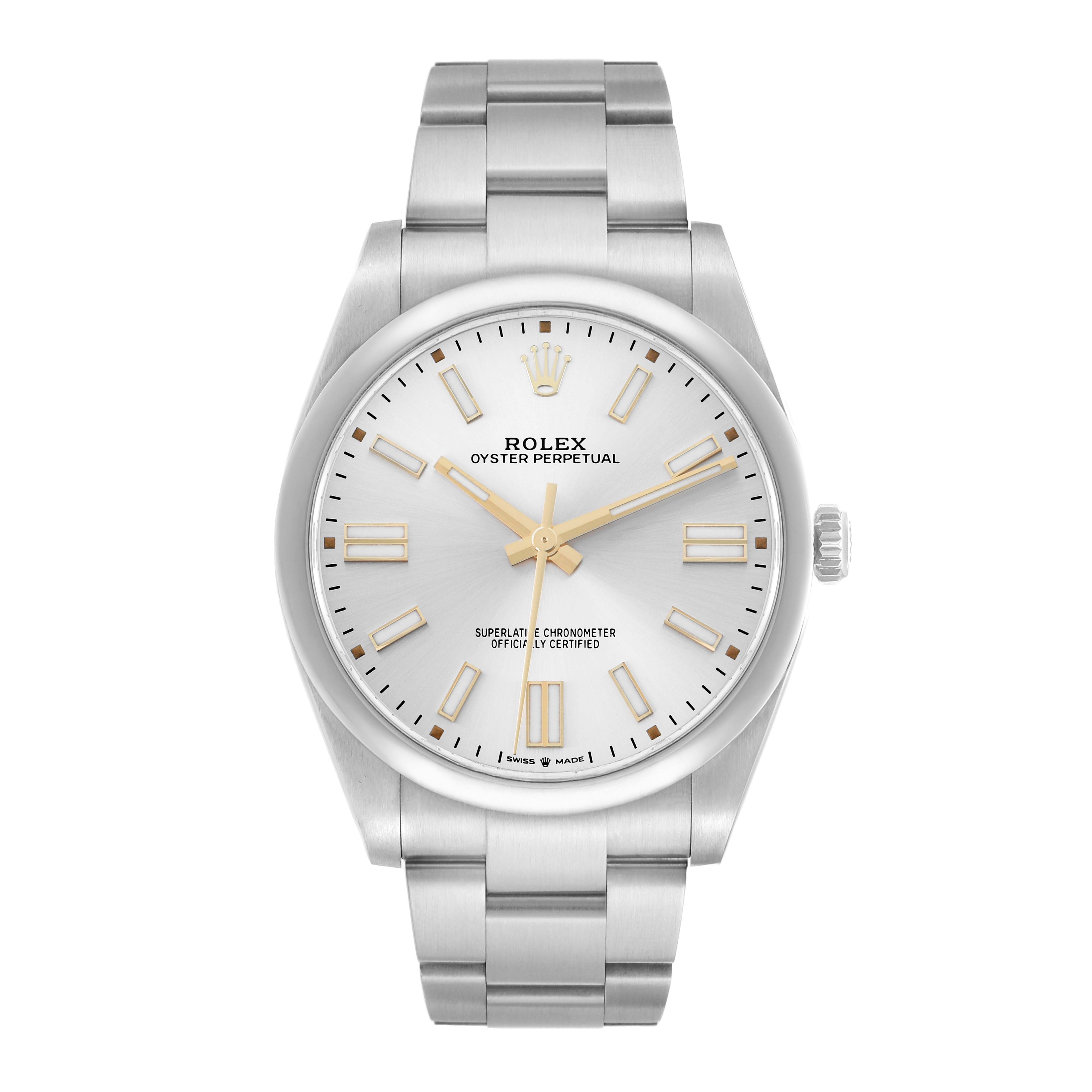 The Rolex Oyster Perpetual 124300 Men
s Stainless Steel Silver Dial watch is shown from a front angle, displaying the dial, crown, and bracelet.
