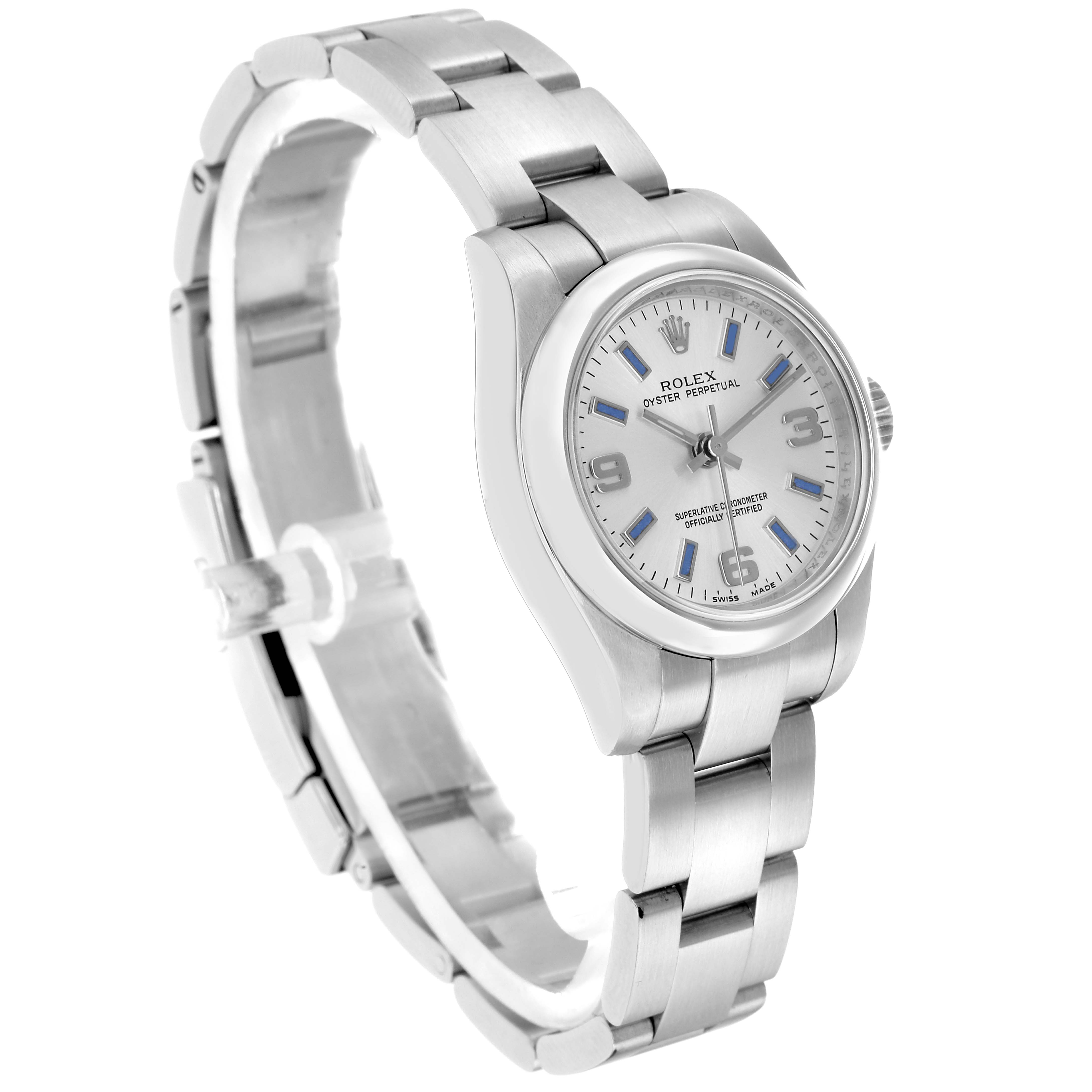 The Rolex Oyster Perpetual 176200 Women
s Stainless Steel Silver Dial watch is shown at a three-quarter angle, displaying the face, bezel, crown, and bracelet.