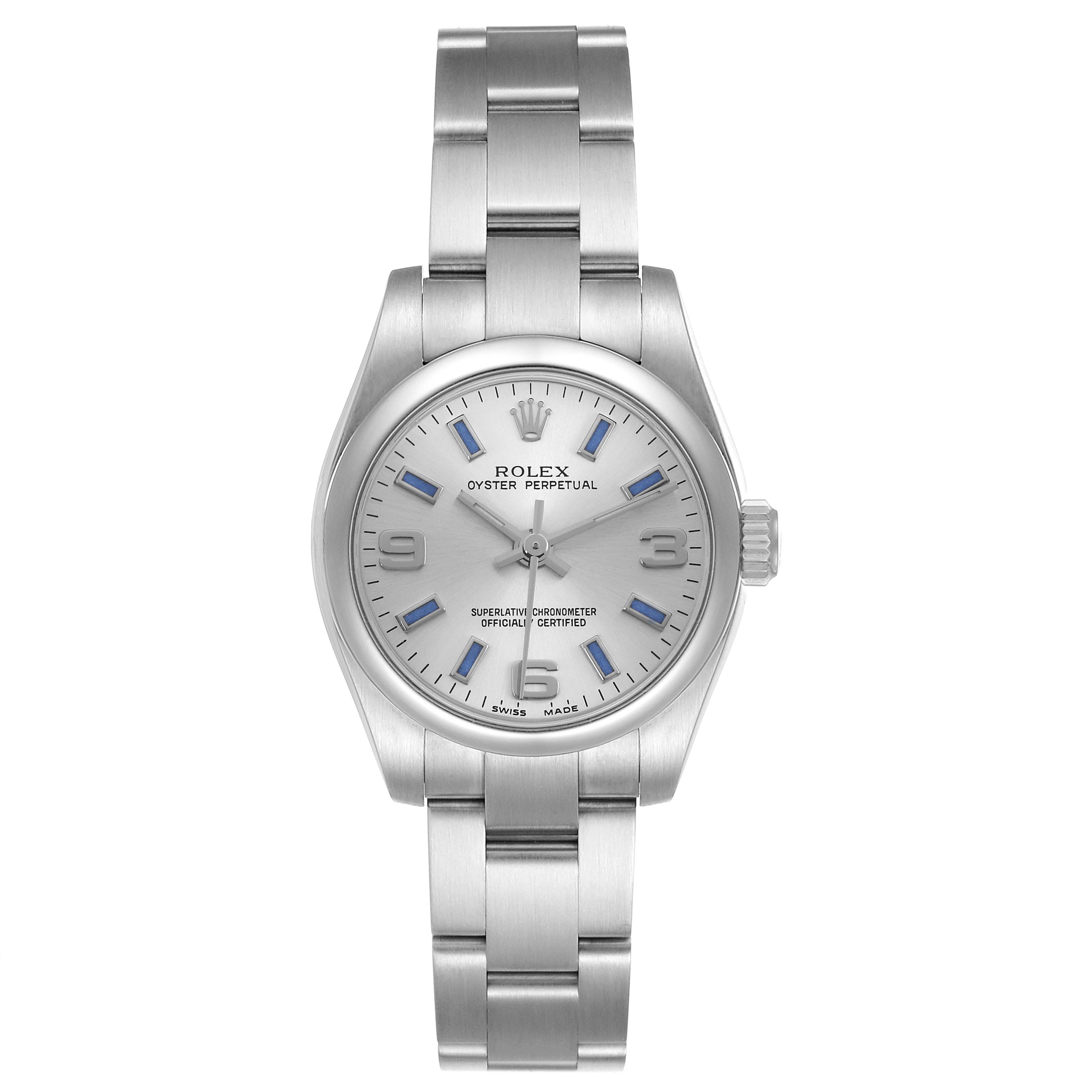 The Rolex Oyster Perpetual 176200 Women
s Stainless Steel Silver Dial watch is shown from a top-down angle, displaying the face, case, bezel, crown, and bracelet.