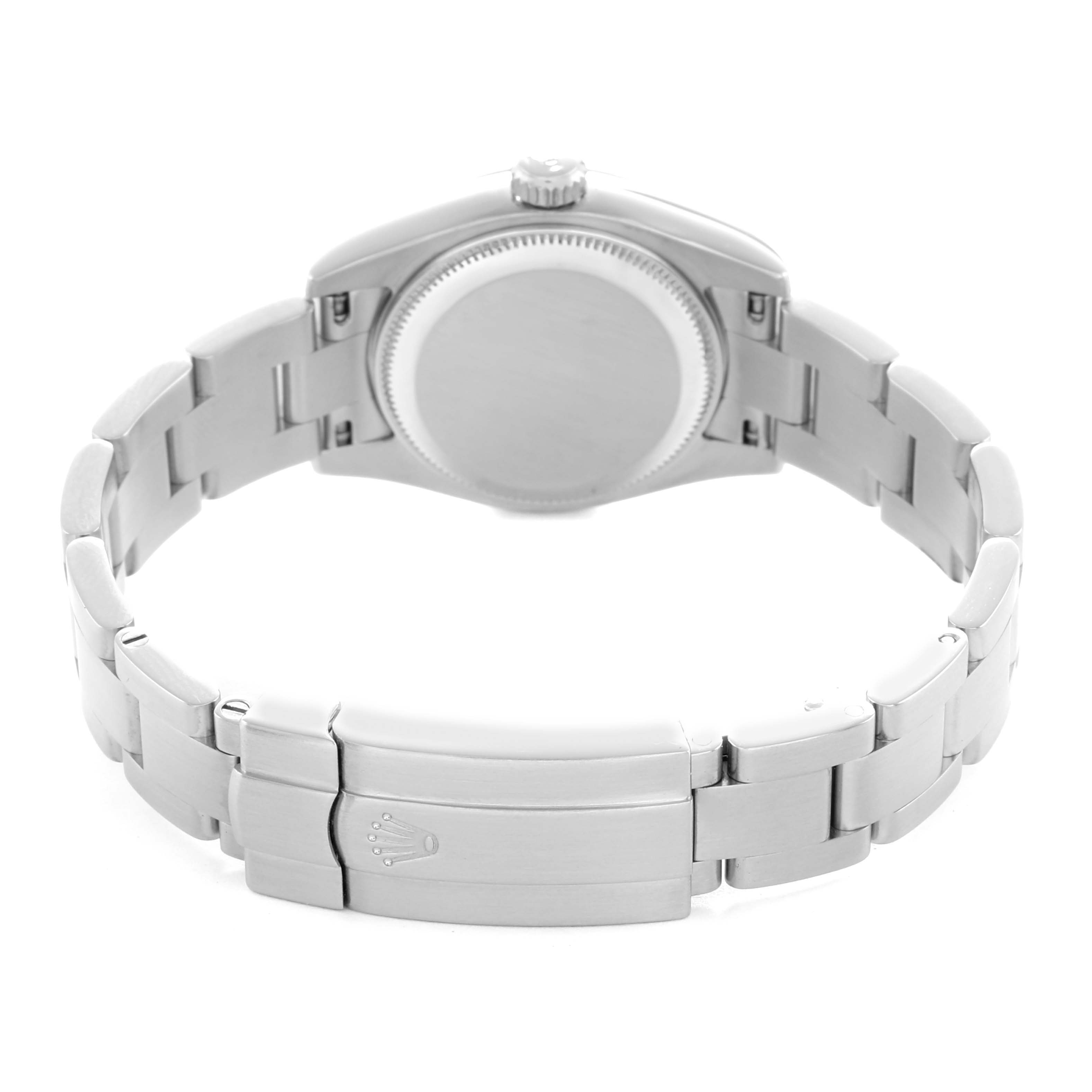 The image shows the back view of a Rolex Oyster Perpetual 176200 Women
s Stainless Steel Silver Dial, highlighting the case back, bracelet, and clasp.
