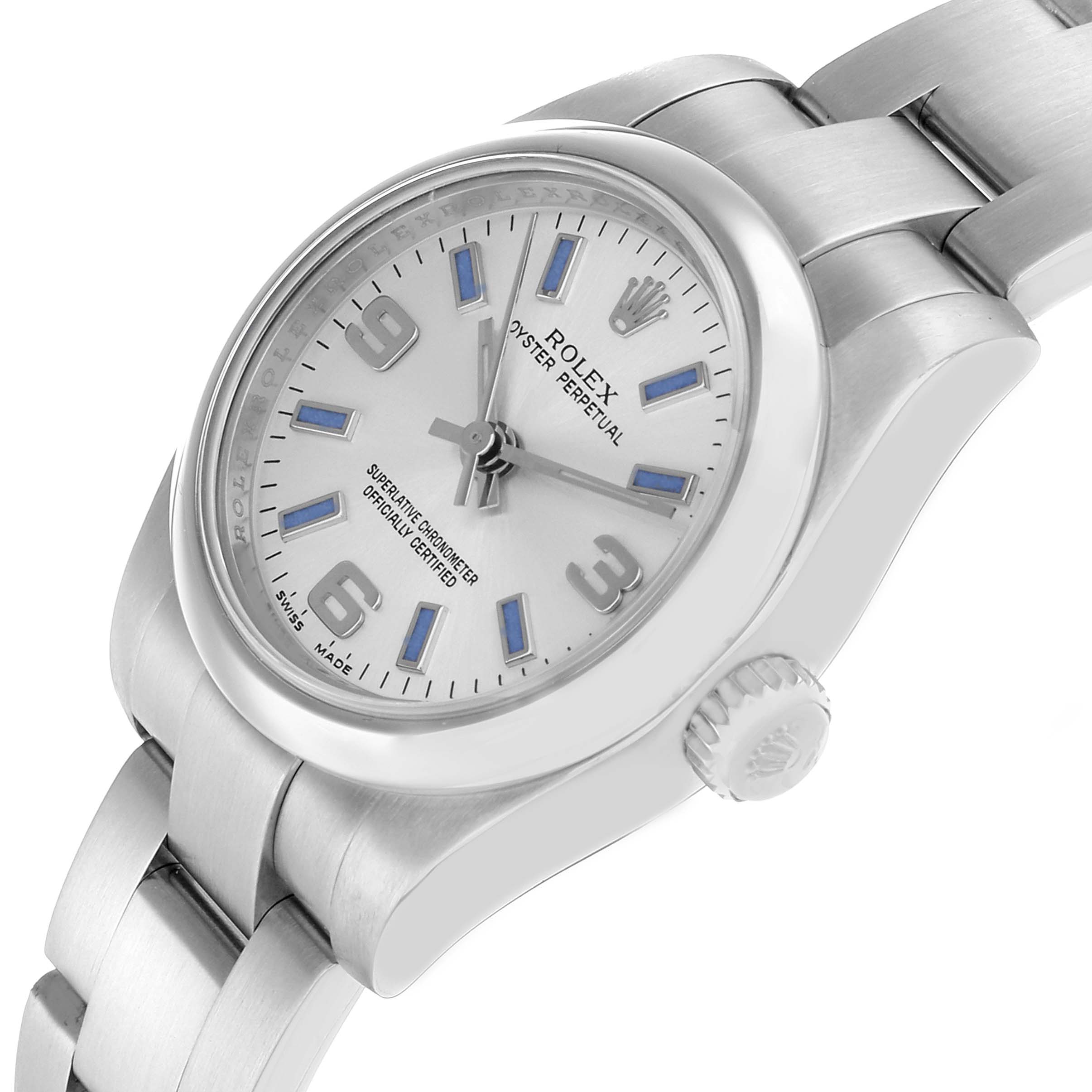 The Rolex Oyster Perpetual 176200 Women
s Stainless Steel Silver Dial watch is shown at a slight angle, highlighting the face, bezel, crown, and part of the bracelet.