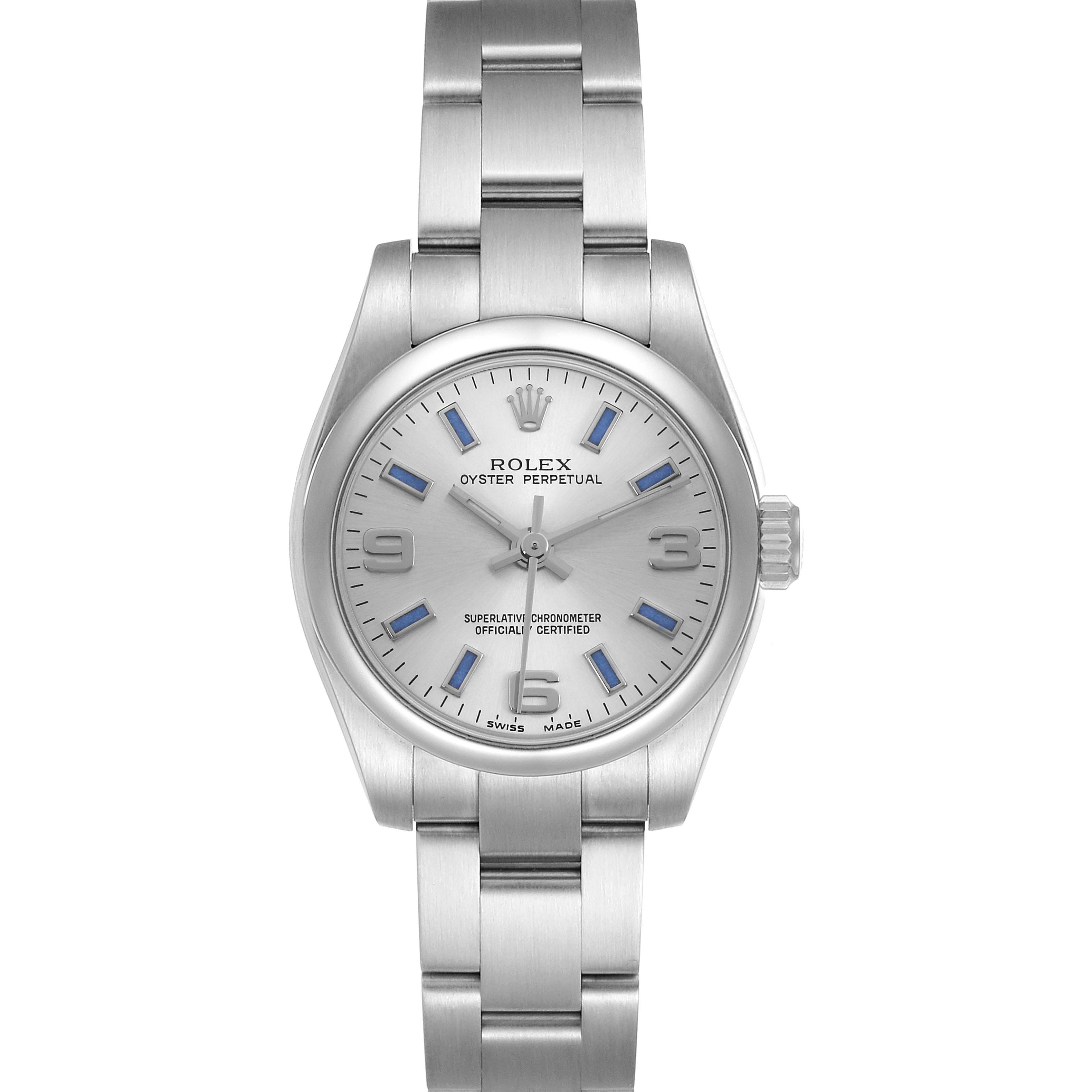 The Rolex Oyster Perpetual 176200 Women
s Stainless Steel Silver Dial watch is shown from a front angle, displaying the full face, bezel, and bracelet.