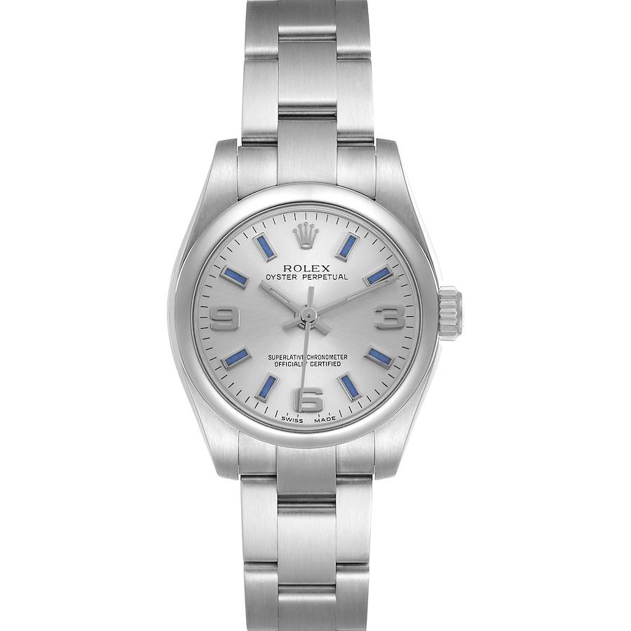 The Rolex Oyster Perpetual 176200 Women's Stainless Steel Silver Dial watch is shown from a front angle, displaying the full face, bezel, and bracelet.