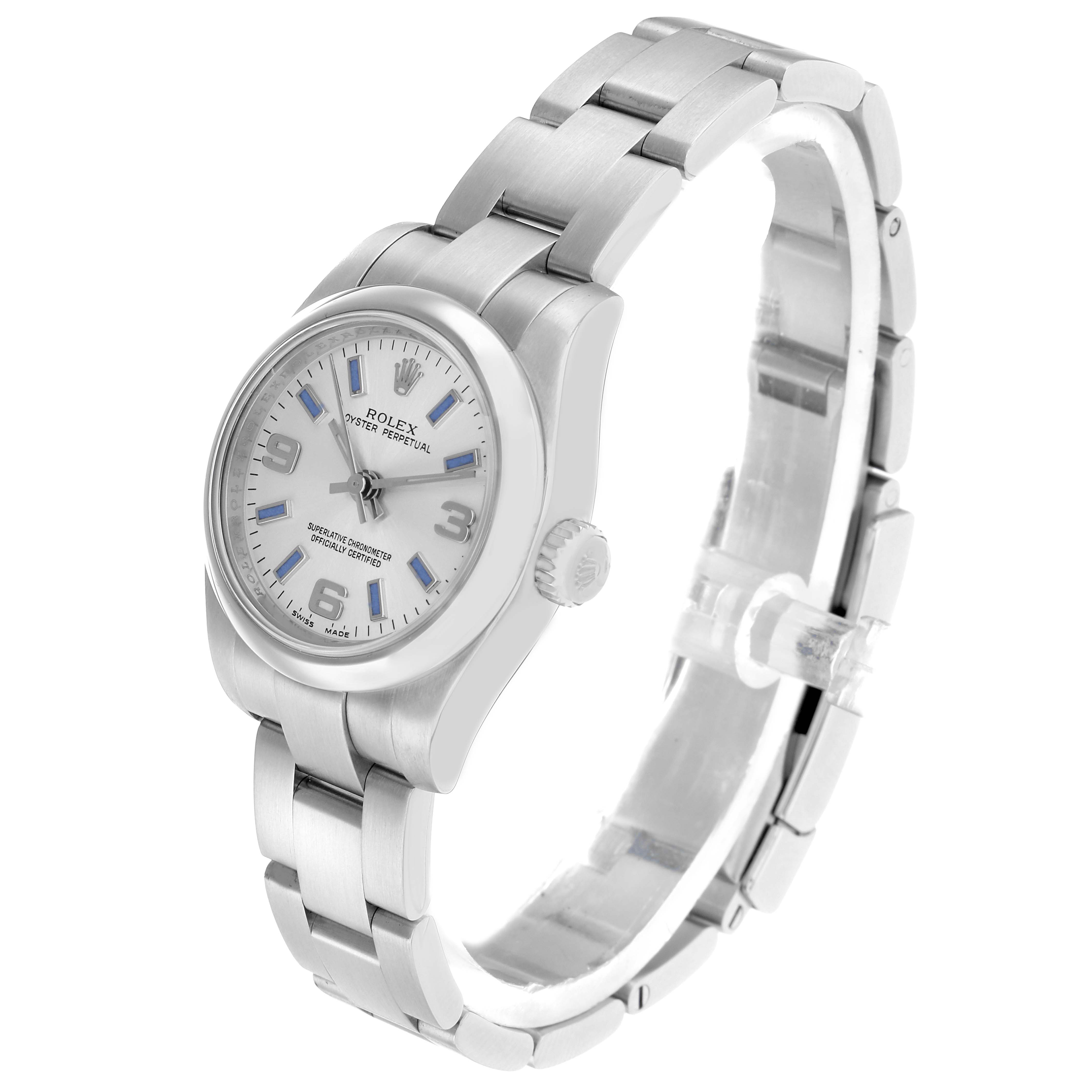 The Rolex Oyster Perpetual 176200 Women
s Stainless Steel Silver Dial watch is shown at a three-quarter angle, displaying its face and metal bracelet clearly.