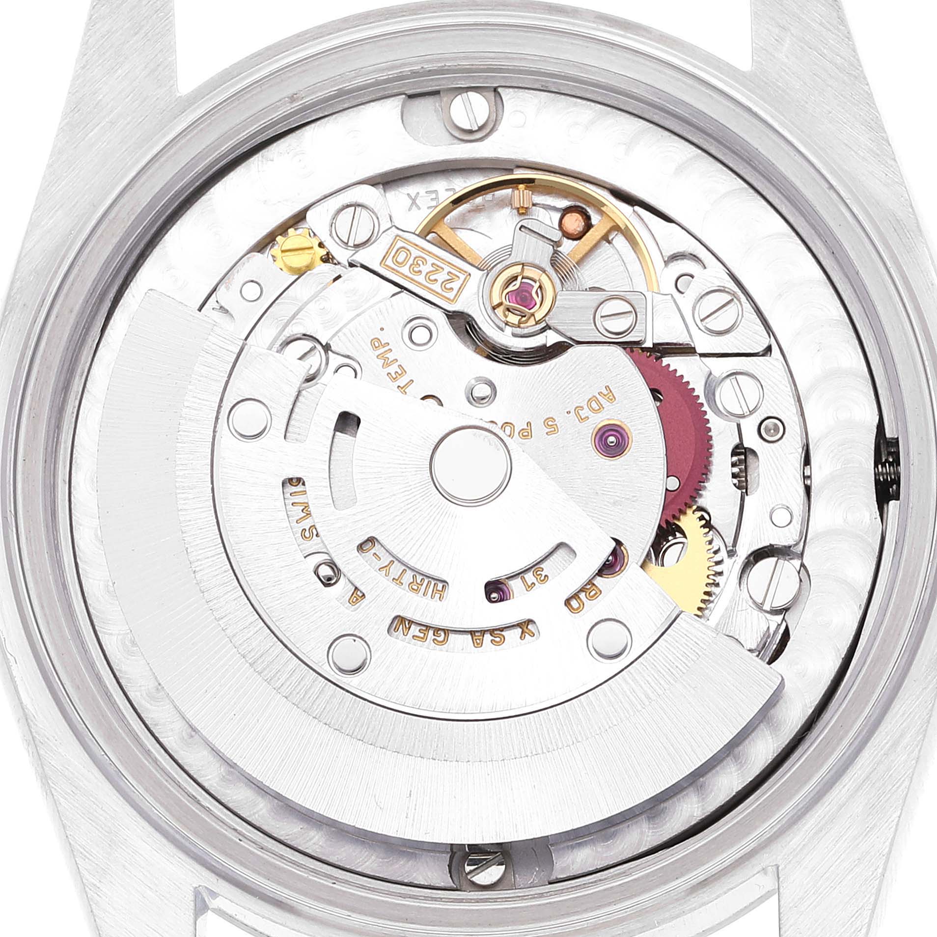 The image shows a close-up view of the movement mechanism inside the Rolex Oyster Perpetual 77080 Women's Stainless Steel Brown Dial 77080 Women's Stainless Steel Brown Dial watch.