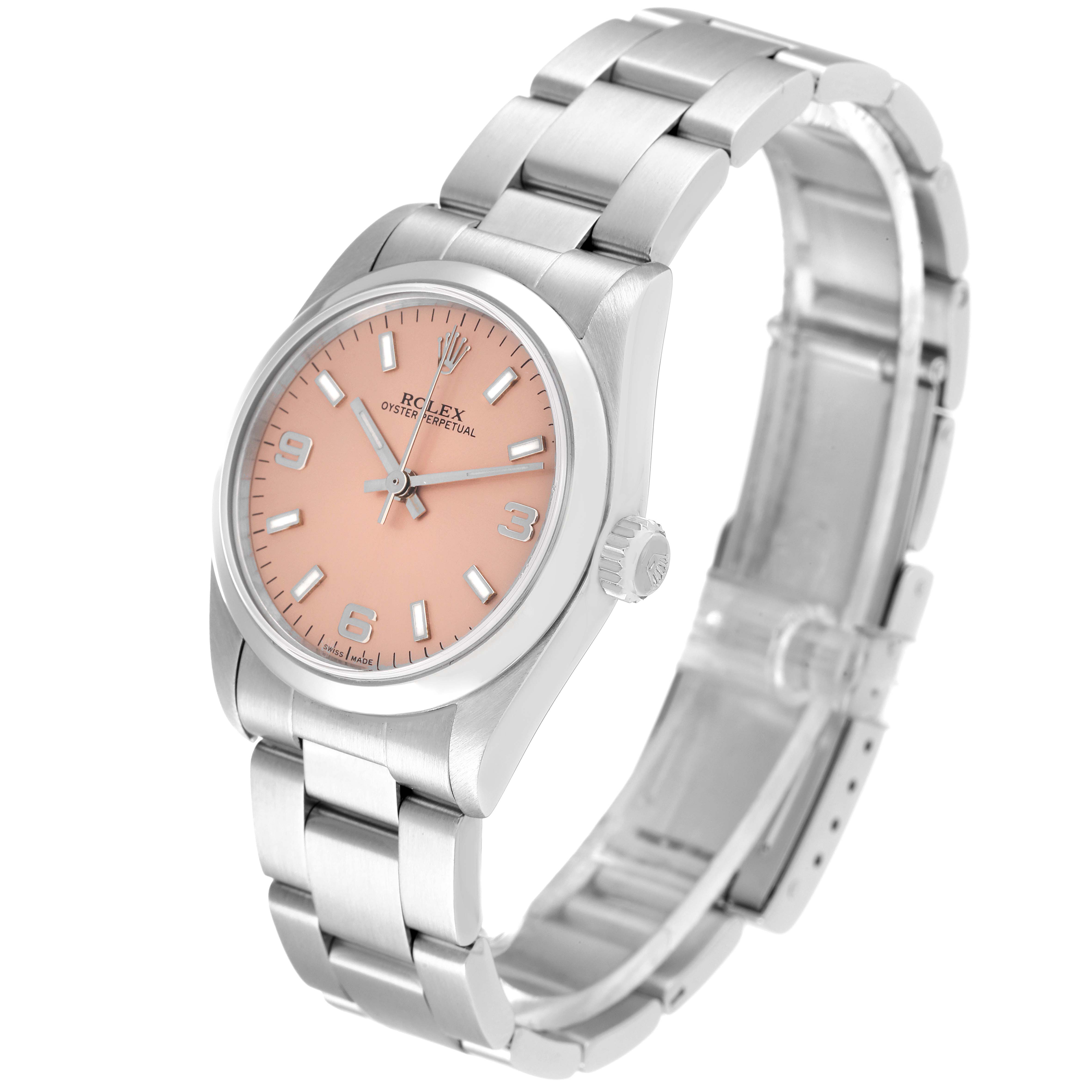 The Rolex Oyster Perpetual 77080 Women's Stainless Steel Brown Dial 77080 Women's Stainless Steel Brown Dial watch is shown at an angled close-up, displaying its pink dial, silver bracelet, and crown.