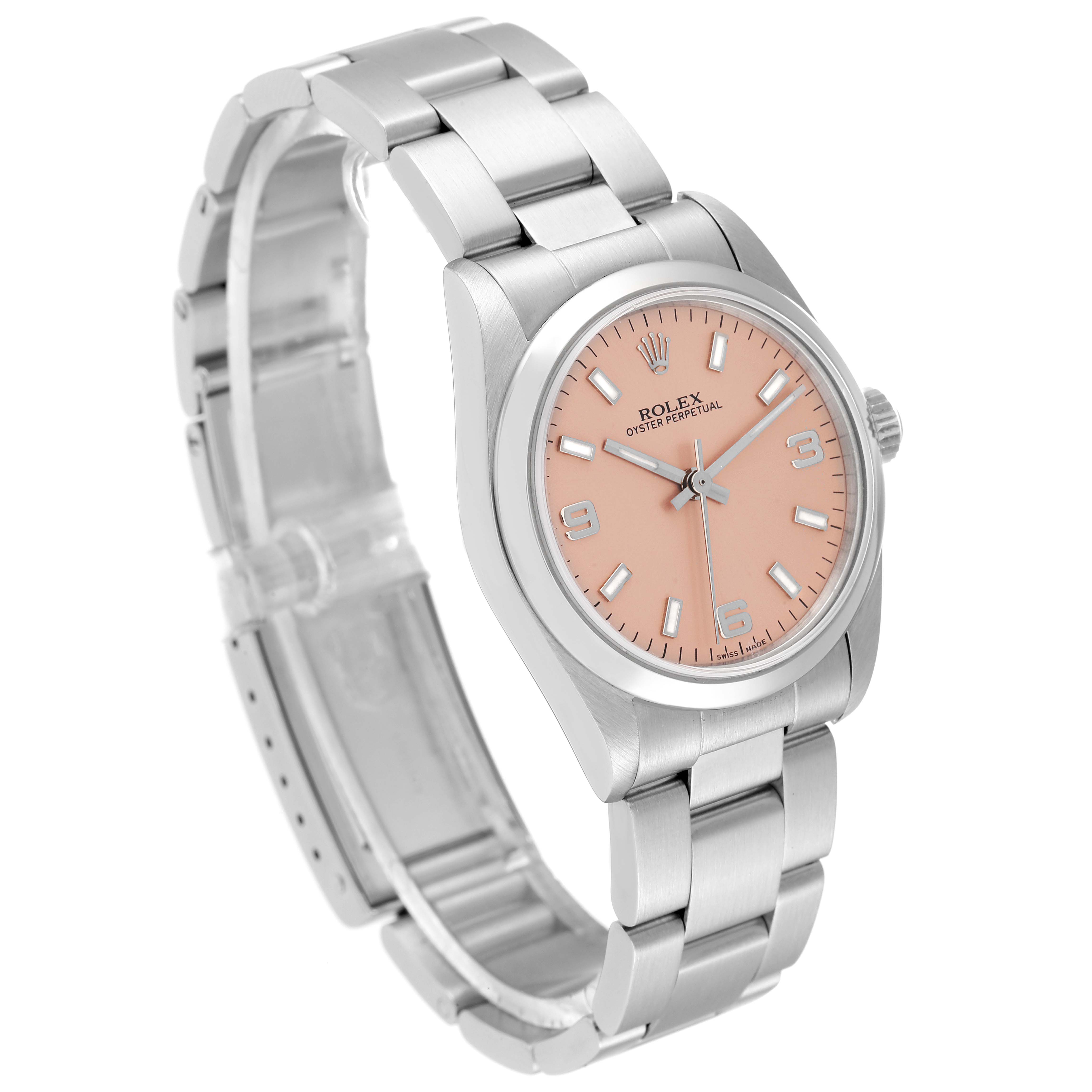 The Rolex Oyster Perpetual 77080 Women's Stainless Steel Brown Dial 77080 Women's Stainless Steel Brown Dial watch is shown from a three-quarter angle, displaying its pink dial and stainless steel bracelet prominently.