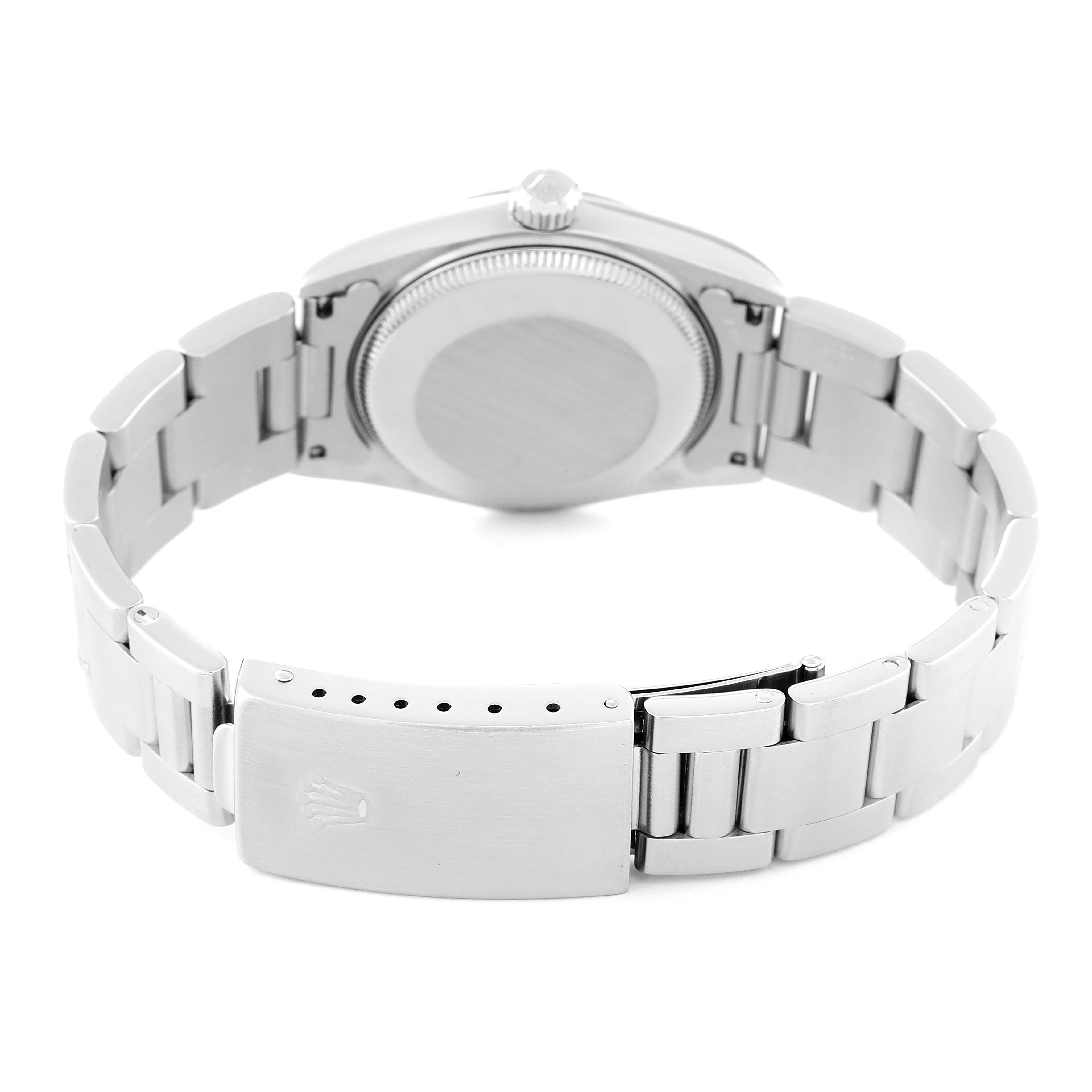 The image shows the back case and clasp of the Rolex Oyster Perpetual 77080 Women's Stainless Steel Brown Dial 77080 Women's Stainless Steel Brown Dial watch from a rear view.