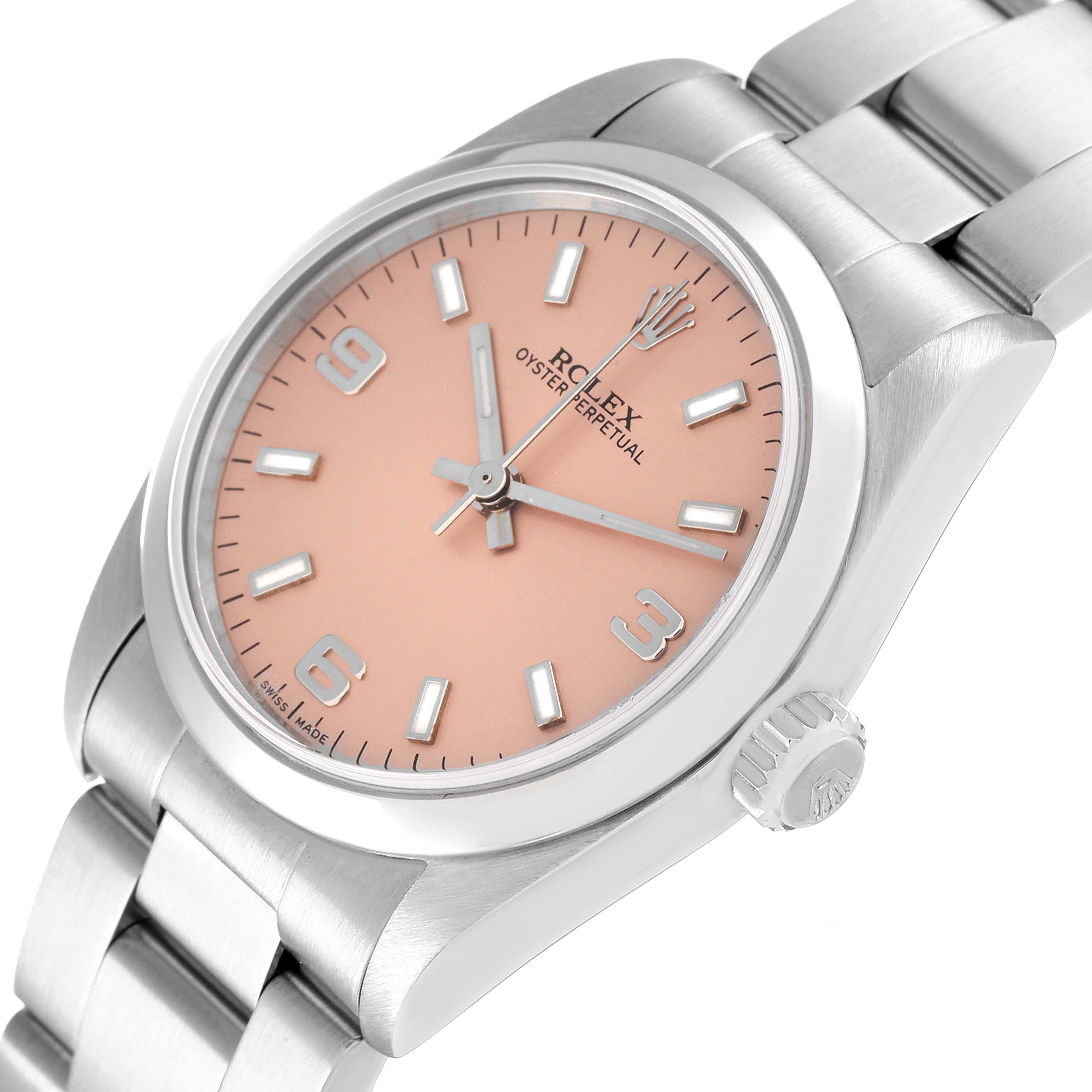 The image shows a Rolex Oyster Perpetual 77080 Women's Stainless Steel Brown Dial 77080 Women's Stainless Steel Brown Dial watch from an angled top view, featuring its dial, bezel, and bracelet.