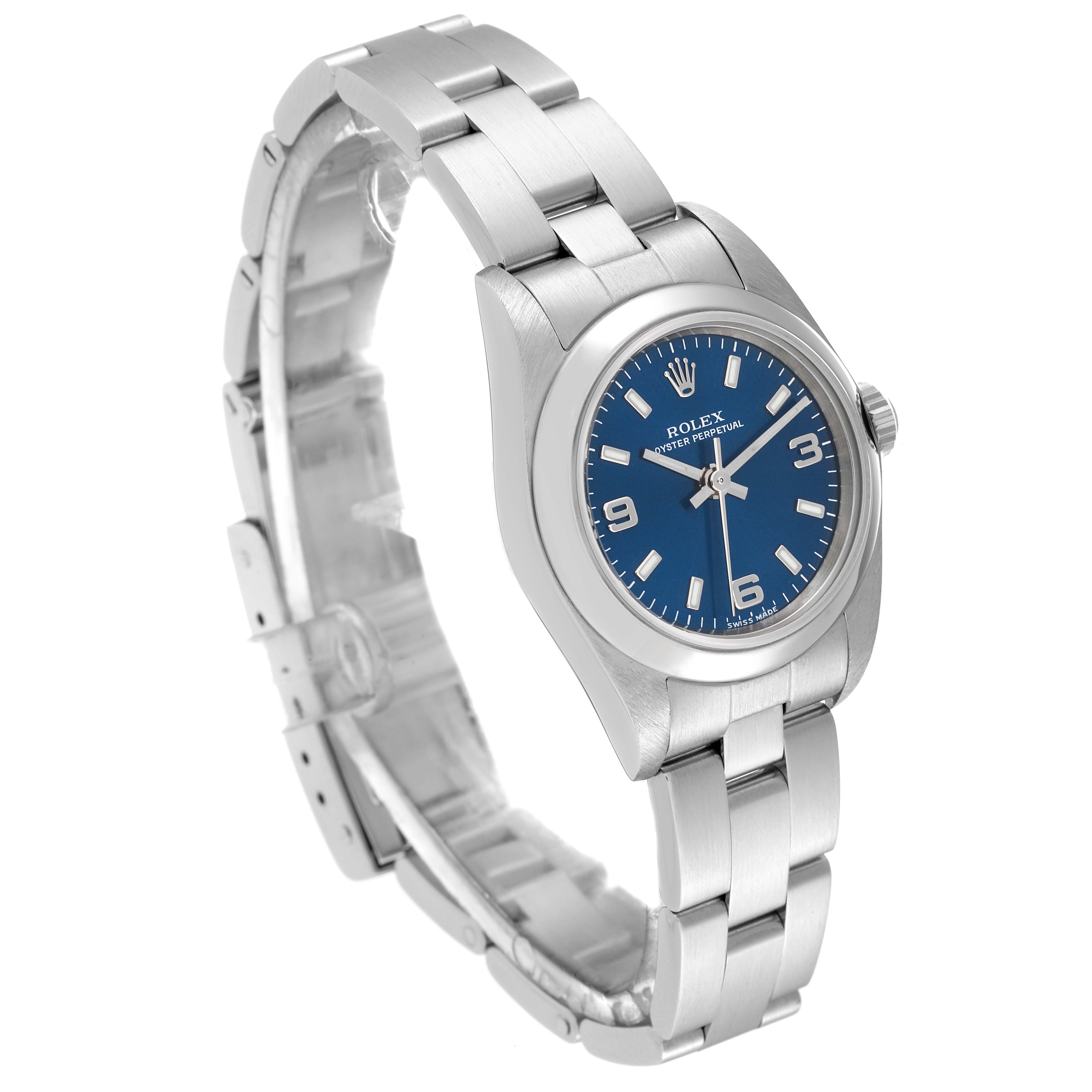 The image shows a side angle of the Rolex Oyster Perpetual 76080 Women
s Stainless Steel Blue Dial 76080 Women
s Stainless Steel Blue Dial watch, highlighting its stainless steel bracelet and blue dial.