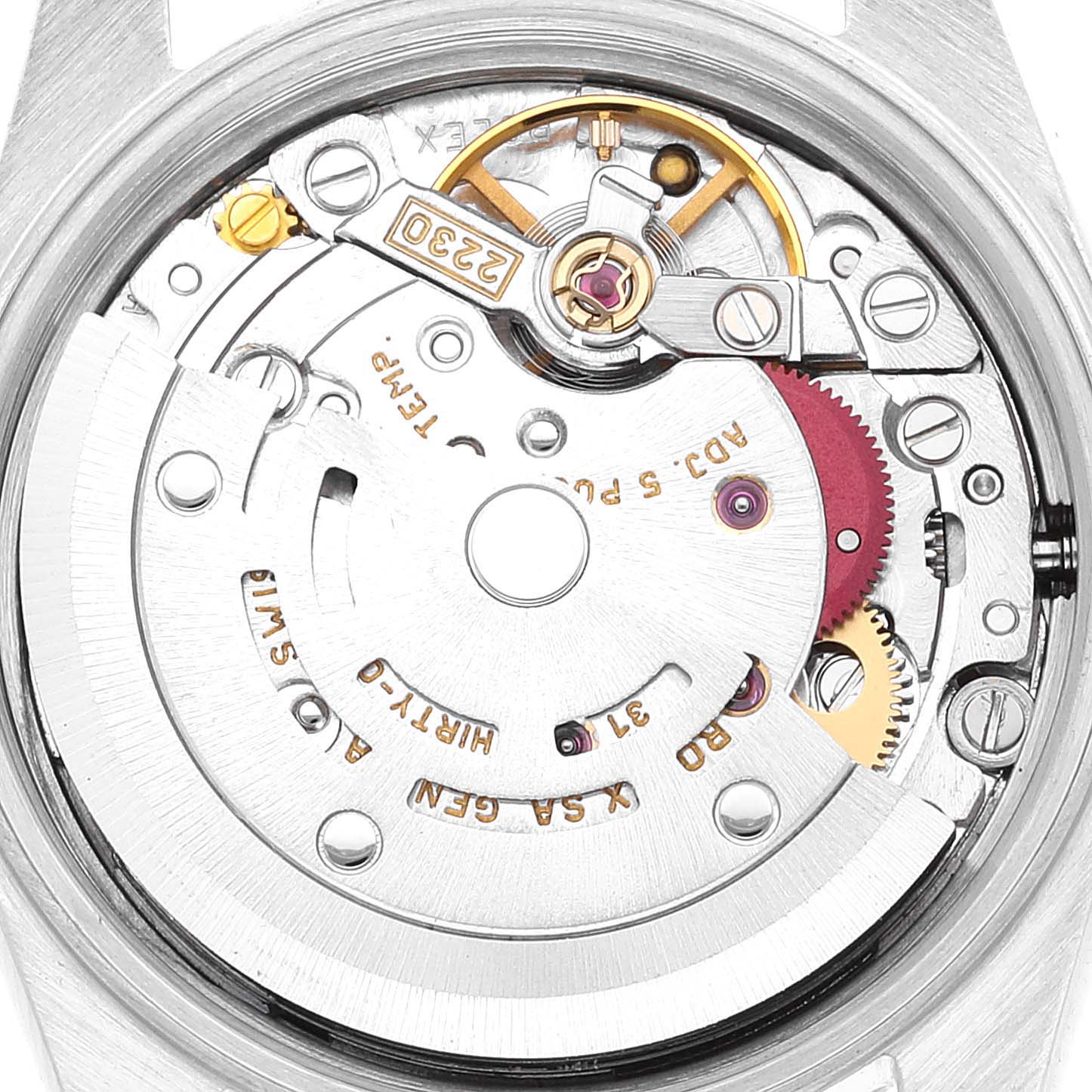 This image shows the inner mechanism of a Rolex Oyster Perpetual 76080 Women
s Stainless Steel Blue Dial 76080 Women
s Stainless Steel Blue Dial watch from a top-down angle, highlighting its movement parts.