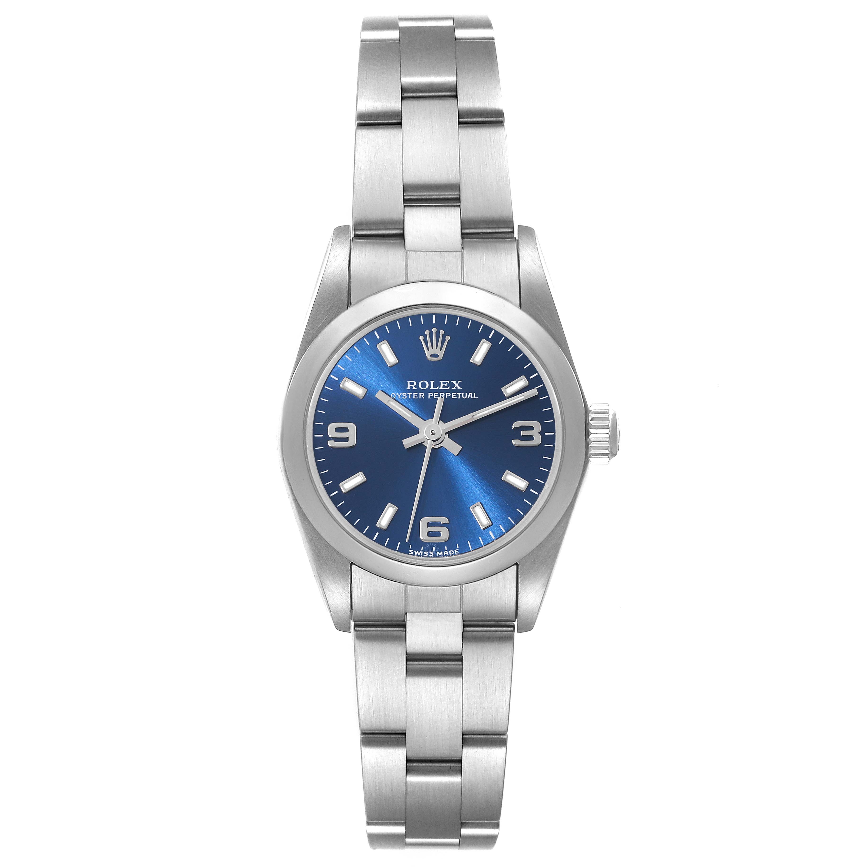 This image shows a frontal view of a Rolex Oyster Perpetual 76080 Women
s Stainless Steel Blue Dial 76080 Women
s Stainless Steel Blue Dial watch, highlighting its blue dial, stainless steel case, and bracelet.