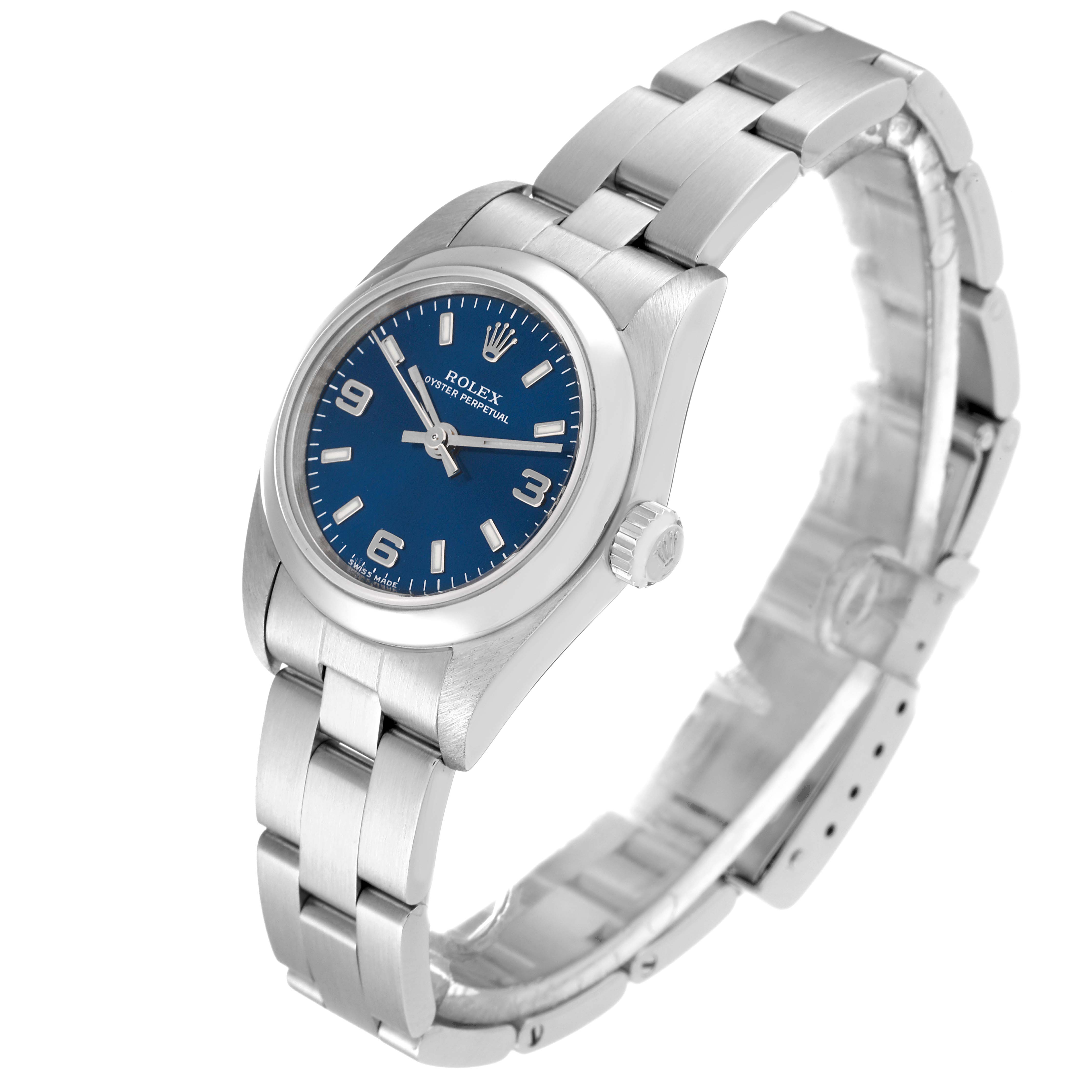 This image shows a Rolex Oyster Perpetual 76080 Women
s Stainless Steel Blue Dial 76080 Women
s Stainless Steel Blue Dial watch angled to display the blue dial, stainless steel case, and bracelet.