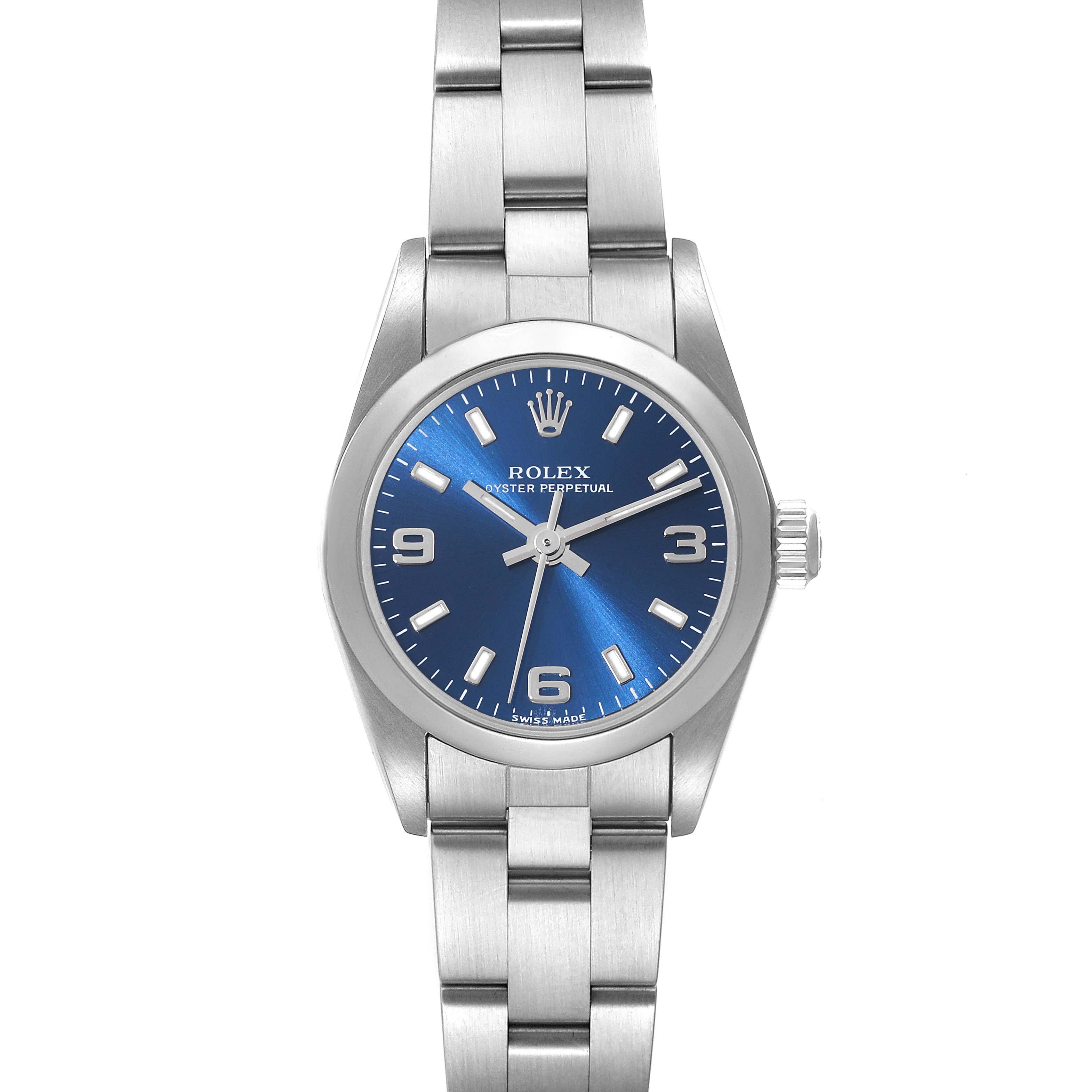 The image displays a front view of a Rolex Oyster Perpetual 76080 Women
s Stainless Steel Blue Dial 76080 Women
s Stainless Steel Blue Dial watch with a blue dial and stainless steel bracelet.