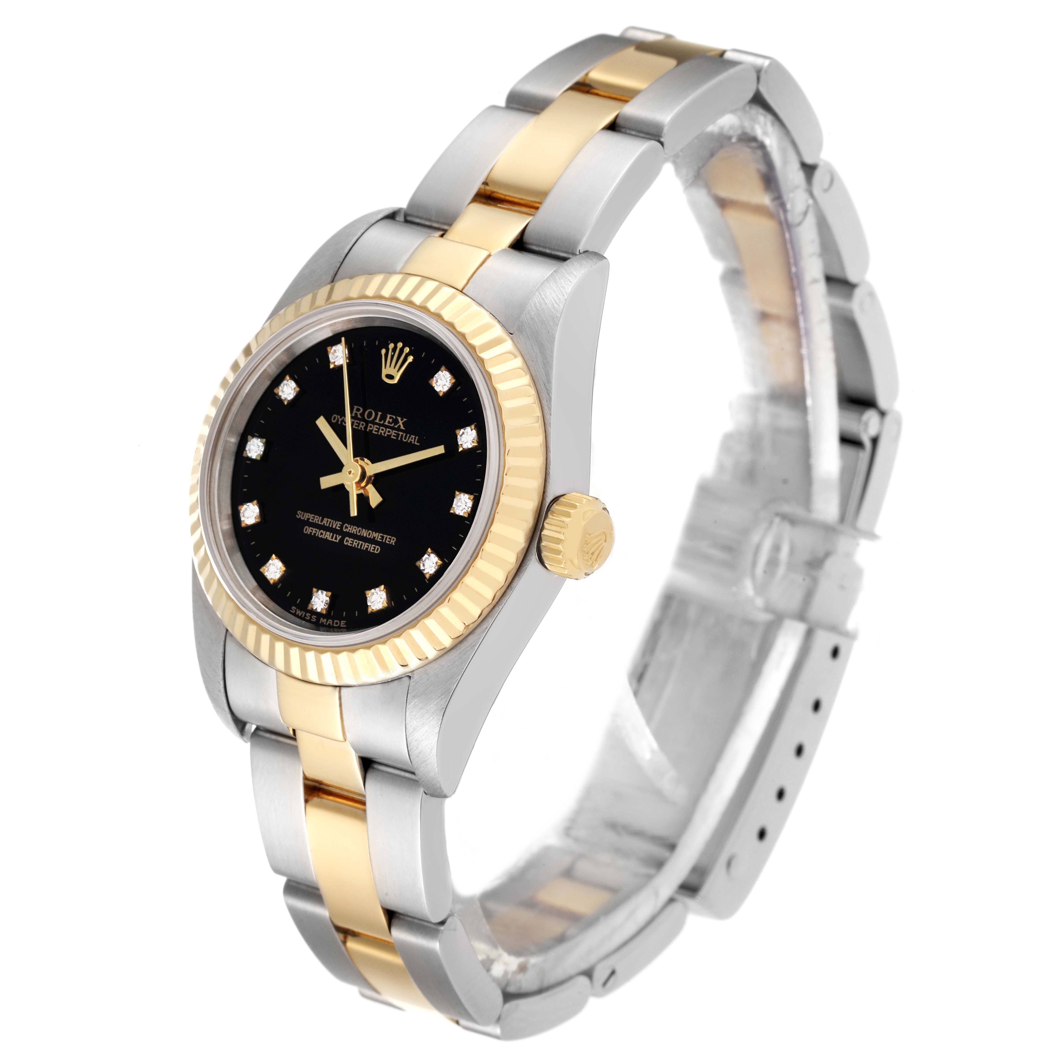 This image shows a Rolex Oyster Perpetual 76193 Women's Steel and Gold (two tone) Black Dial 76193 Women's Steel and Gold (two tone) Black Dial watch at a three-quarter angle, displaying the face, bezel, crown, and bracelet.