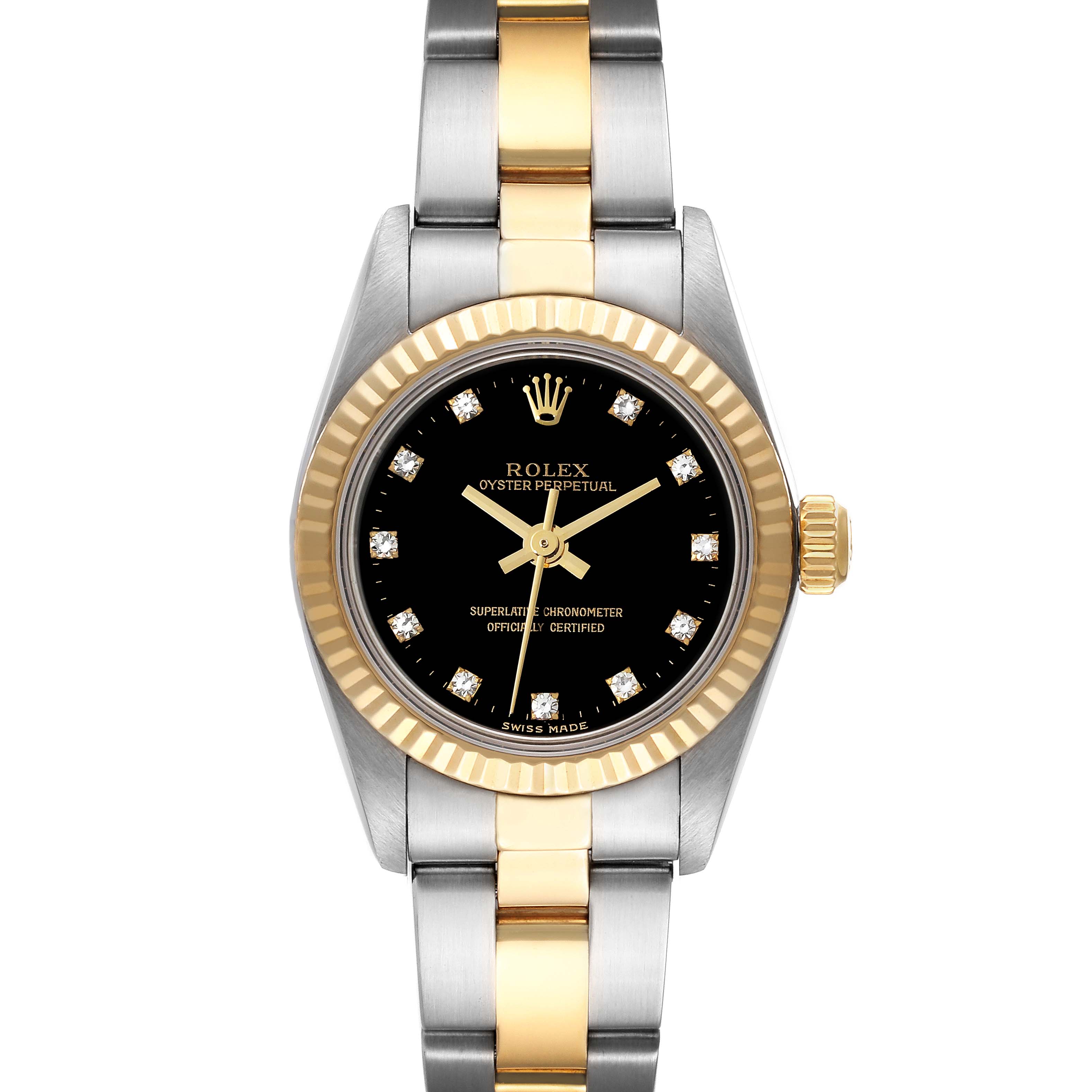 The image shows a front view of the Rolex Oyster Perpetual 76193 Women's Steel and Gold (two tone) Black Dial 76193 Women's Steel and Gold (two tone) Black Dial watch featuring a two-tone bracelet and black dial with diamond hour markers.
