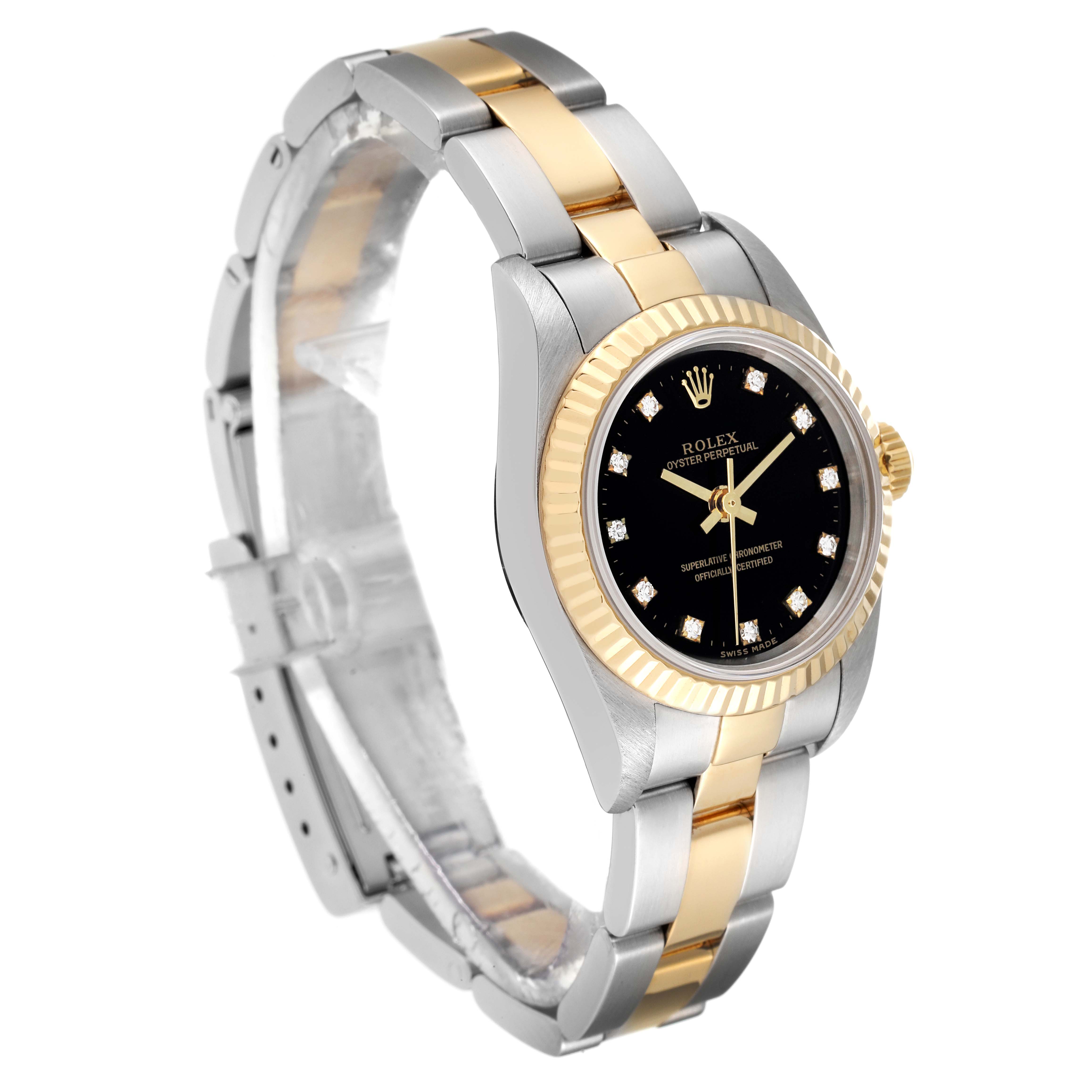 This Rolex Oyster Perpetual 76193 Women's Steel and Gold (two tone) Black Dial 76193 Women's Steel and Gold (two tone) Black Dial watch is shown at a slight angle, highlighting the band, case, and dial with its two-tone design.