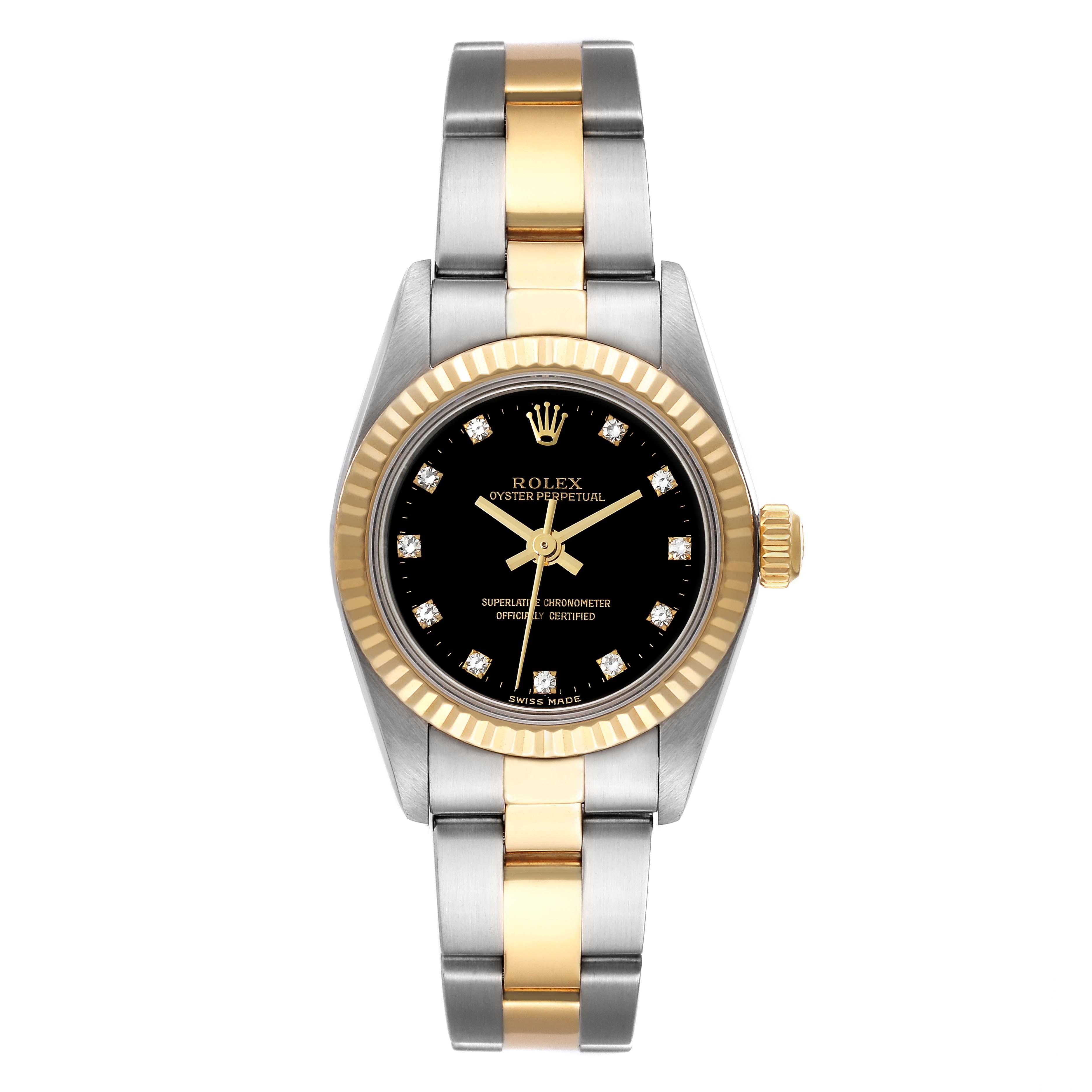 This image shows a front view of a Rolex Oyster Perpetual 76193 Women's Steel and Gold (two tone) Black Dial 76193 Women's Steel and Gold (two tone) Black Dial watch featuring a two-tone bracelet and a black dial with diamond hour markers.