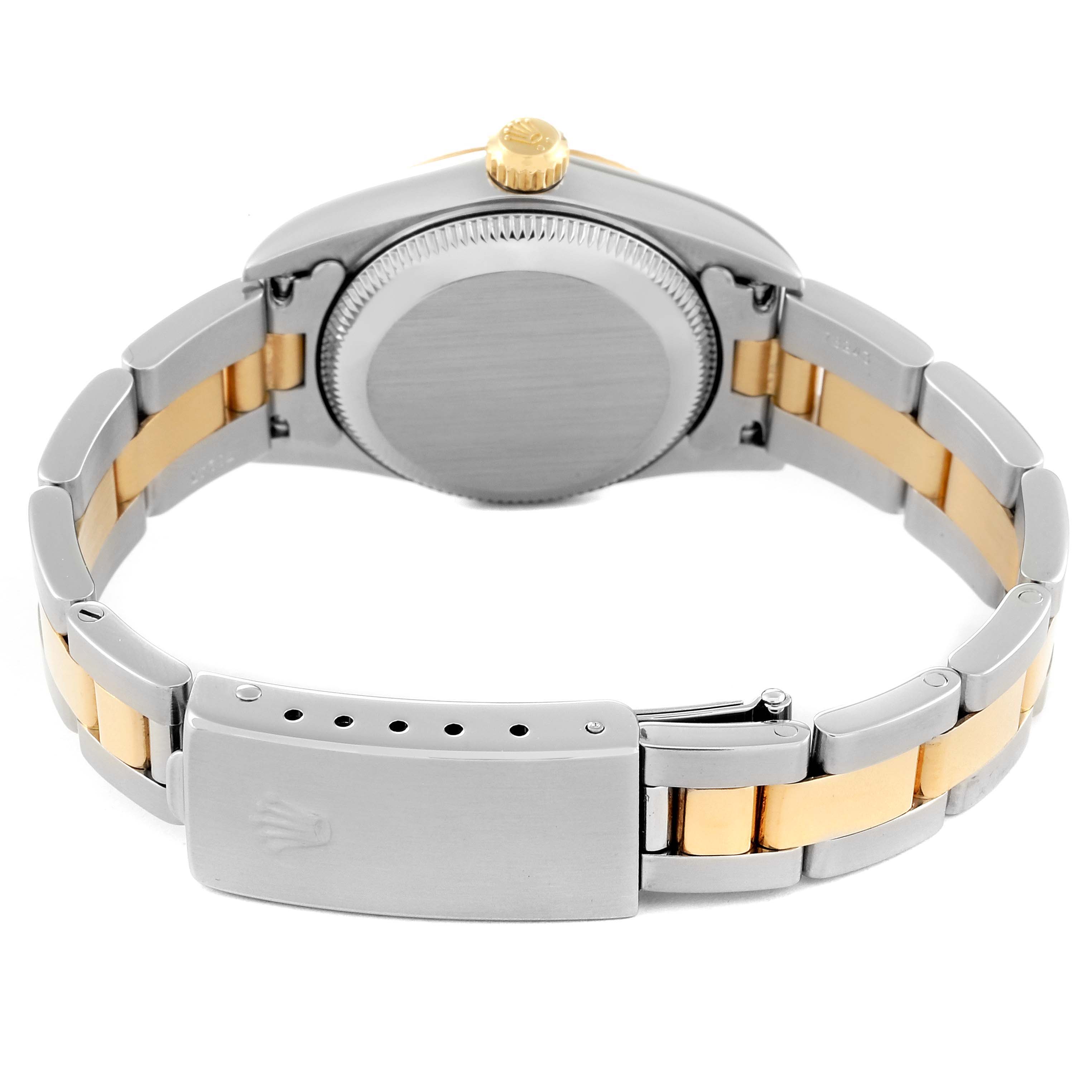 The image shows the backside of a Rolex Oyster Perpetual 76193 Women's Steel and Gold (two tone) Black Dial 76193 Women's Steel and Gold (two tone) Black Dial watch, highlighting the band, clasp, and case back.