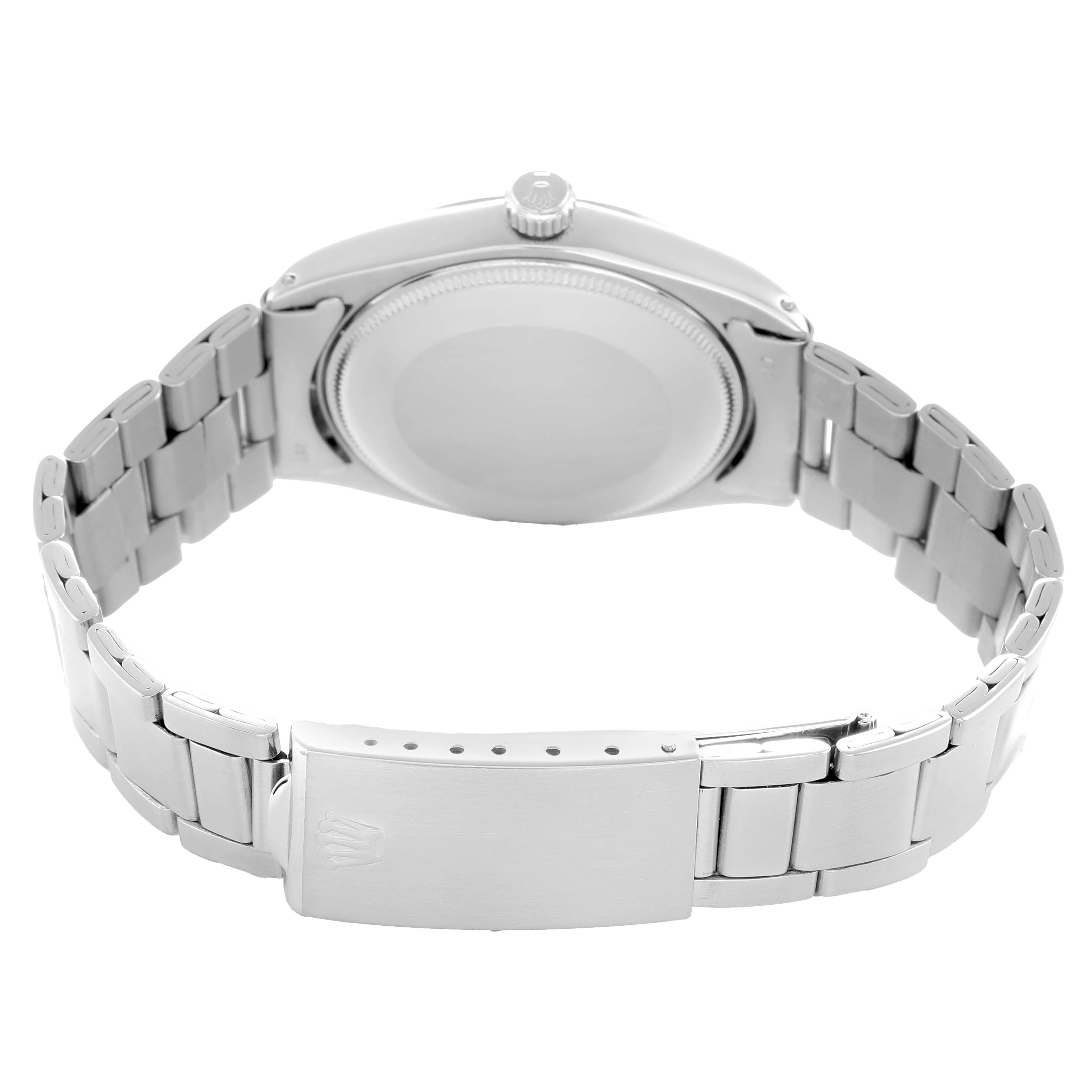 The Rolex Oyster Perpetual 1002 Men
s Stainless Steel White Dial watch is shown from the back, displaying the case back, bracelet, and clasp.