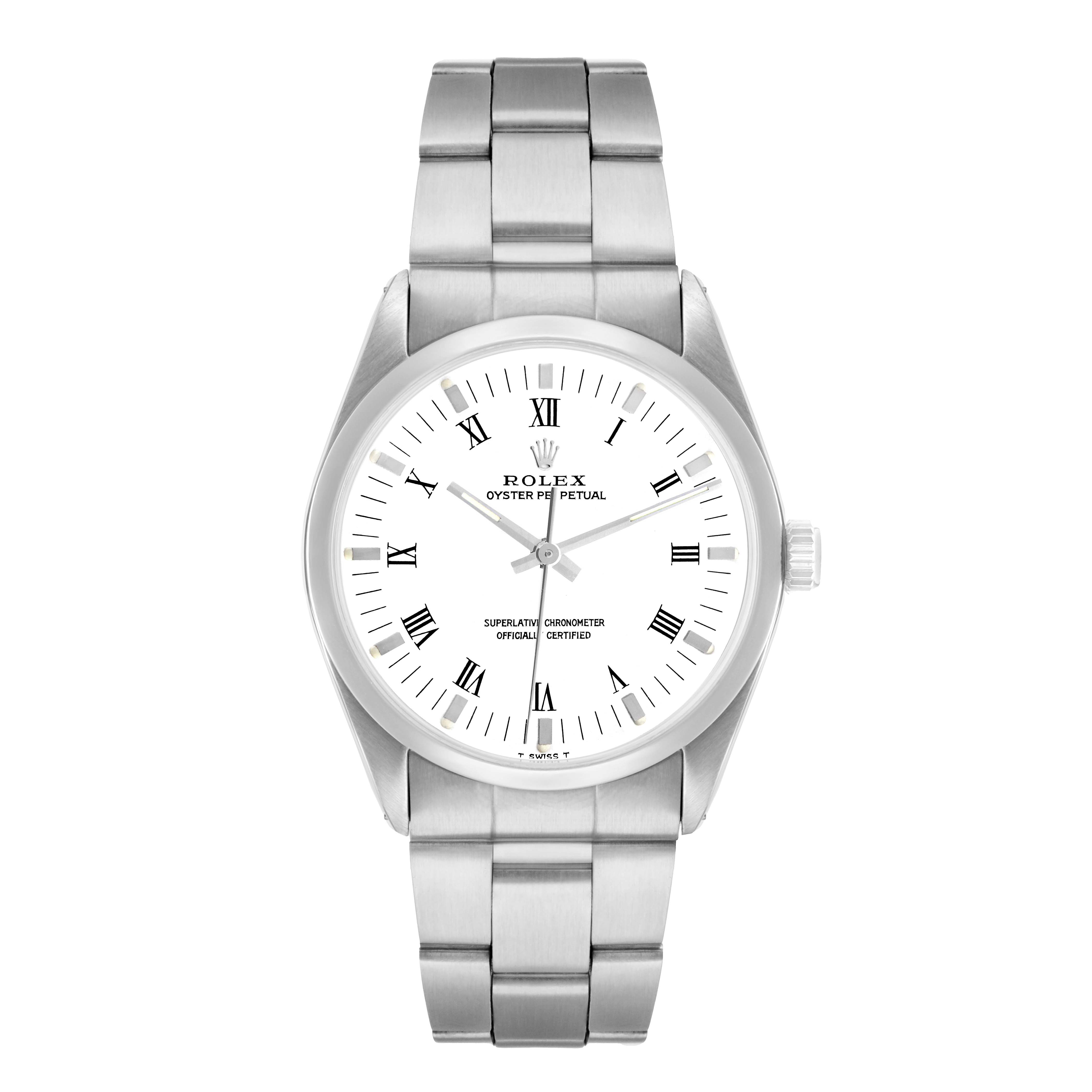 The Rolex Oyster Perpetual 1002 Men
s Stainless Steel White Dial watch is shown from a front angle, displaying its face, bezel, and bracelet.