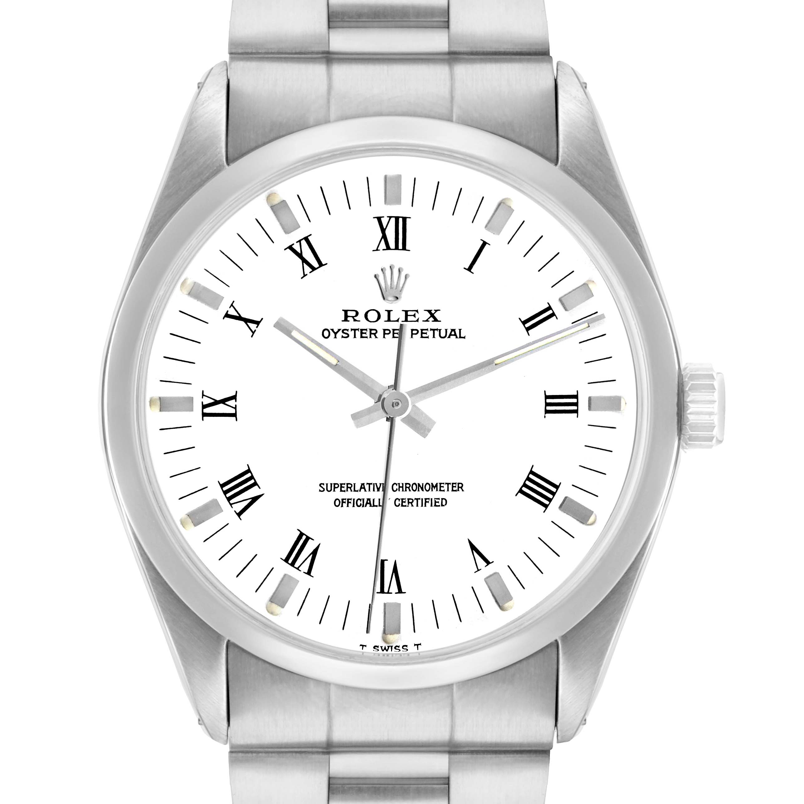 The Rolex Oyster Perpetual 1002 Men
s Stainless Steel White Dial watch is shown from a top-down angle, highlighting the face, bezel, and part of the bracelet.