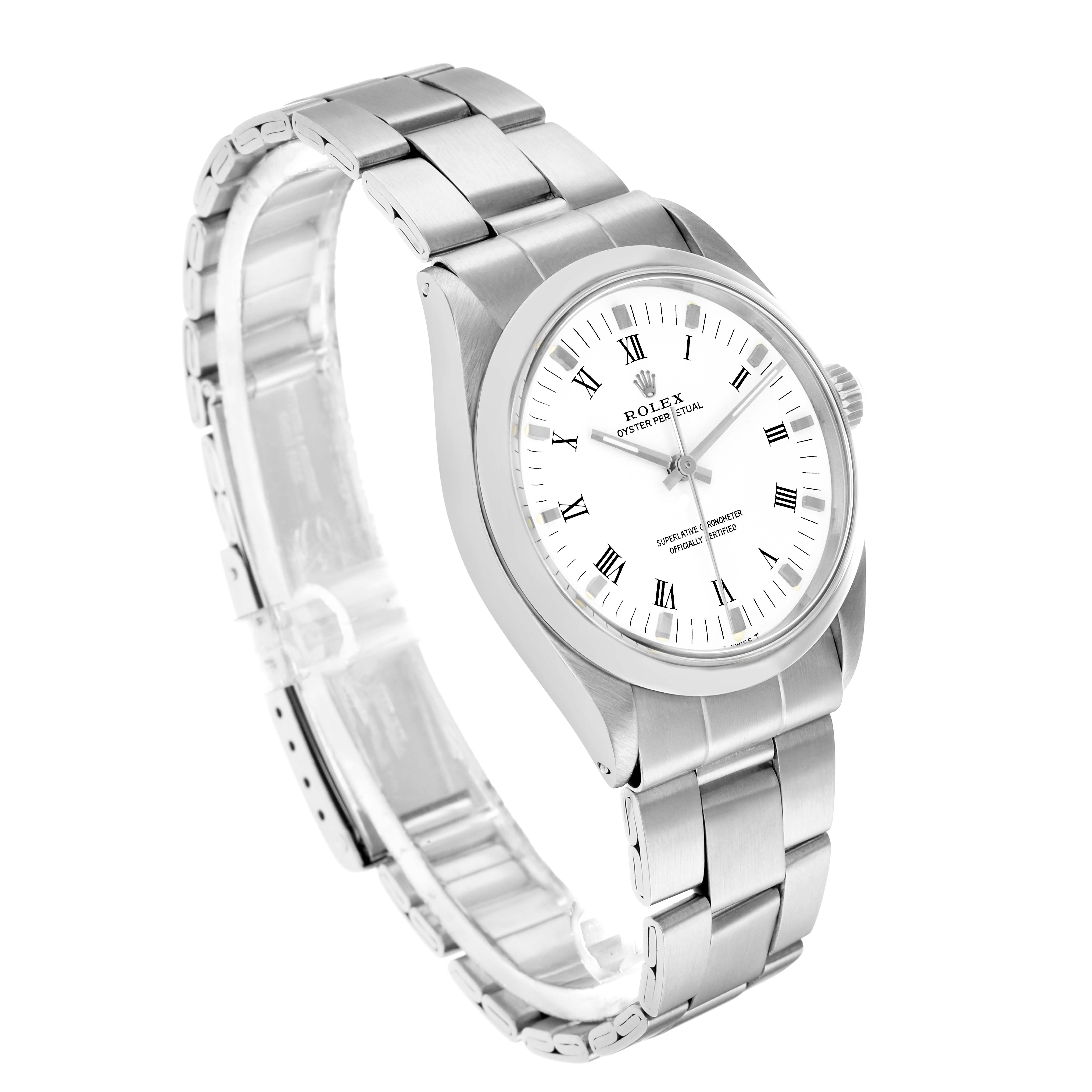 The Rolex Oyster Perpetual 1002 Men
s Stainless Steel White Dial watch is shown at a three-quarter angle, displaying the dial, bezel, crown, and part of the bracelet.
