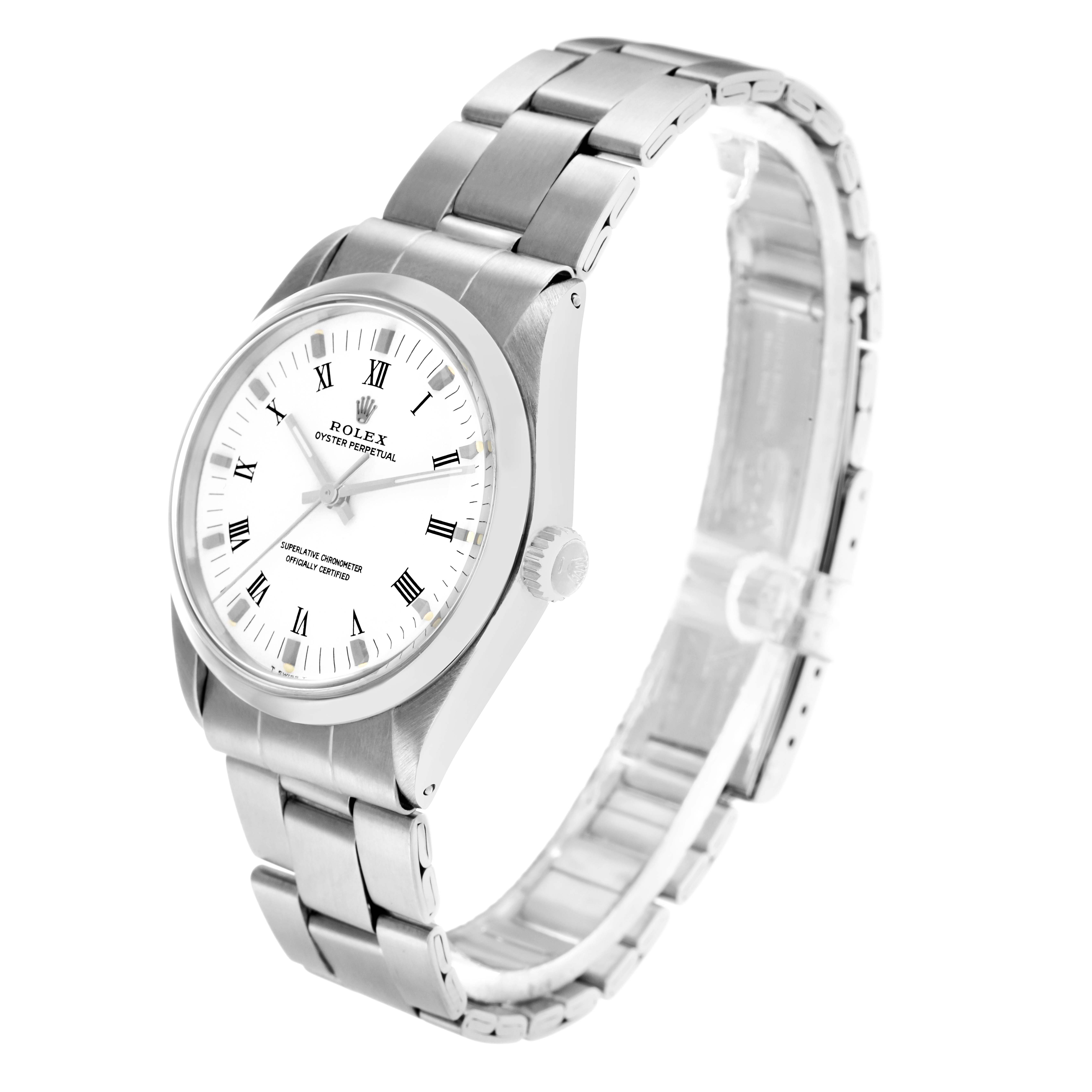 The image shows a side-angle view of a Rolex Oyster Perpetual 1002 Men
s Stainless Steel White Dial watch, highlighting the dial, case, and bracelet.