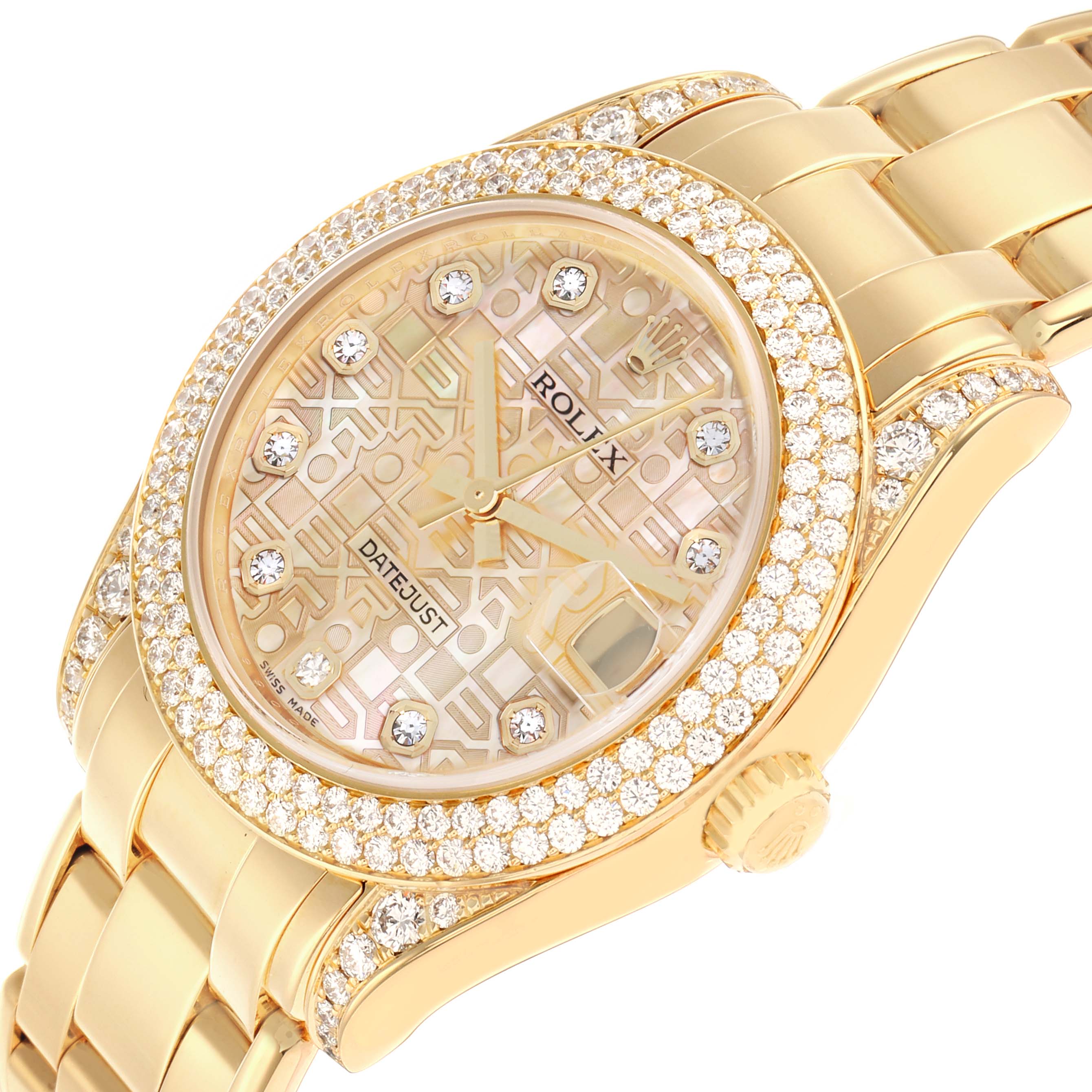The Rolex Pearlmaster 81358 Women
s Yellow Gold Mother of Pearl Dial watch is shown at a slight side angle, highlighting the diamond-set bezel, patterned dial, and bracelet.