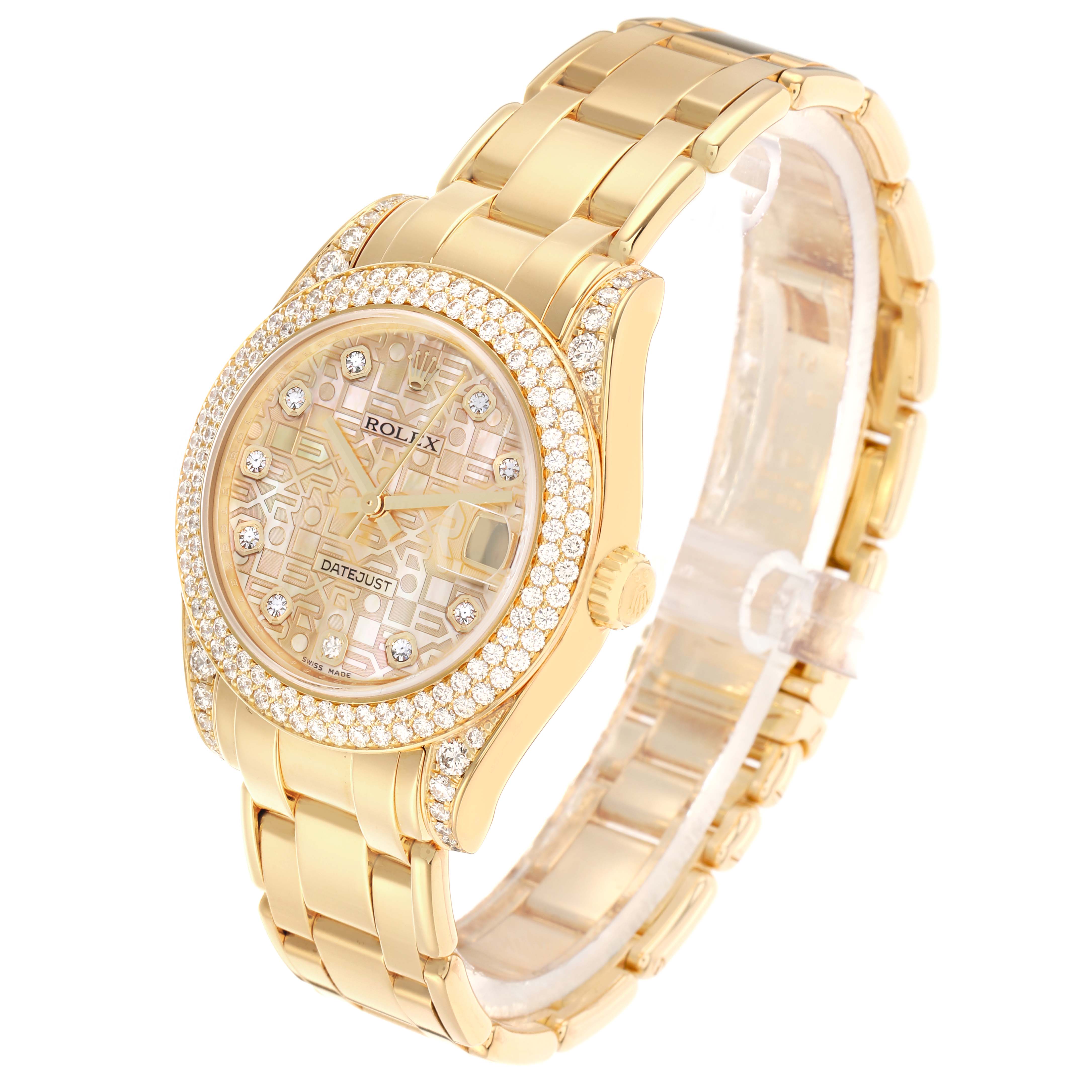 The Rolex Pearlmaster 81358 Women
s Yellow Gold Mother of Pearl Dial watch is shown at a slight angle, highlighting the dial, bezel, crown, and bracelet.