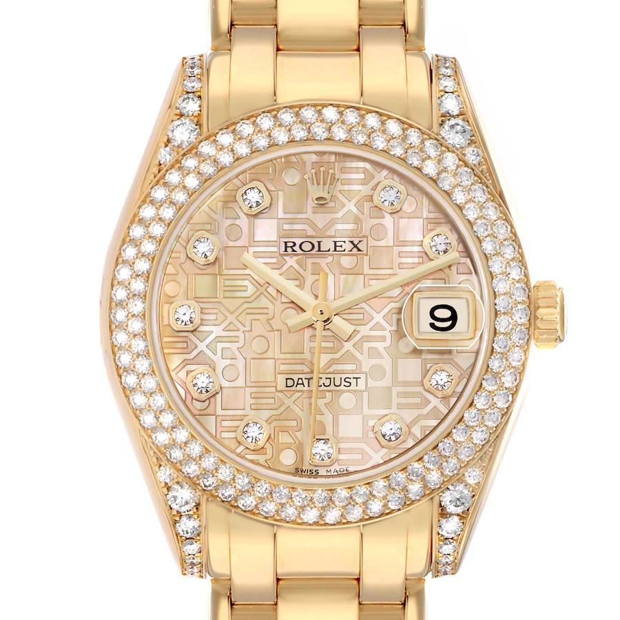 The Rolex Pearlmaster 81358 Women's Yellow Gold Mother of Pearl Dial watch is shown from a front angle, highlighting its diamond-studded bezel, dial, and bracelet links.