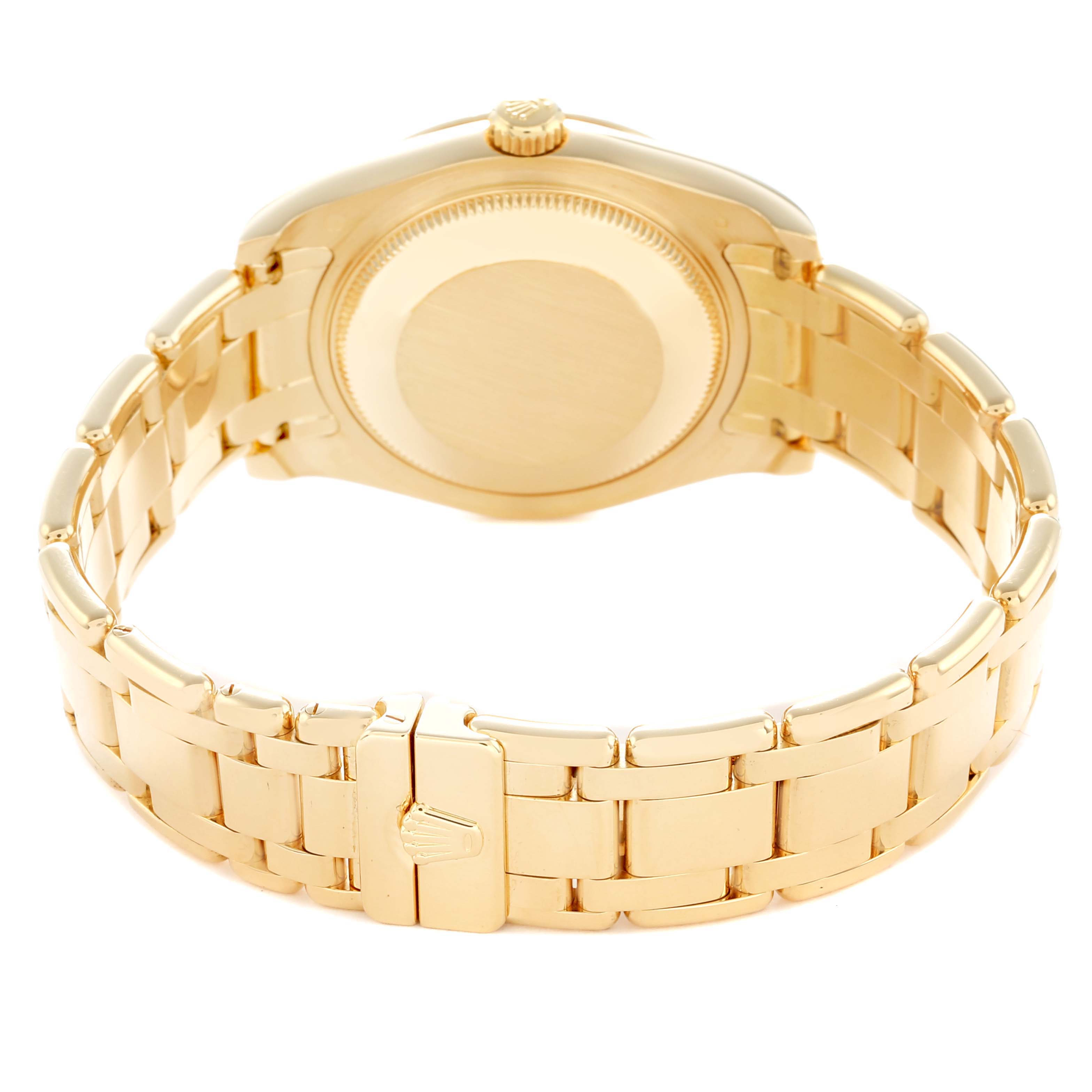 The image shows a Rolex Pearlmaster 81358 Women
s Yellow Gold Mother of Pearl Dial watch from the back, highlighting the bracelet, clasp, and case back.