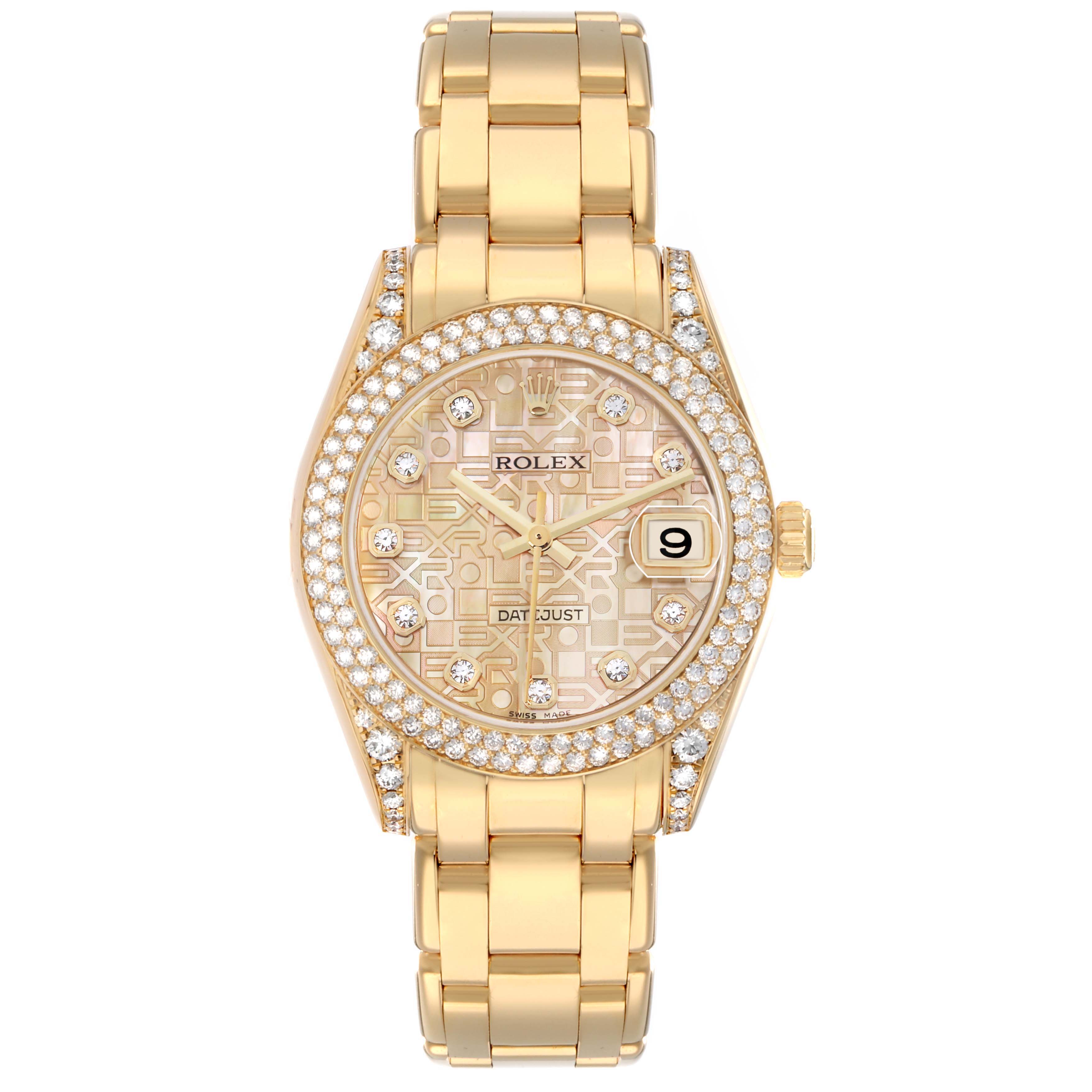 The Rolex Pearlmaster 81358 Women
s Yellow Gold Mother of Pearl Dial watch is shown from a top view, displaying the face, bracelet, and diamond-encrusted bezel.