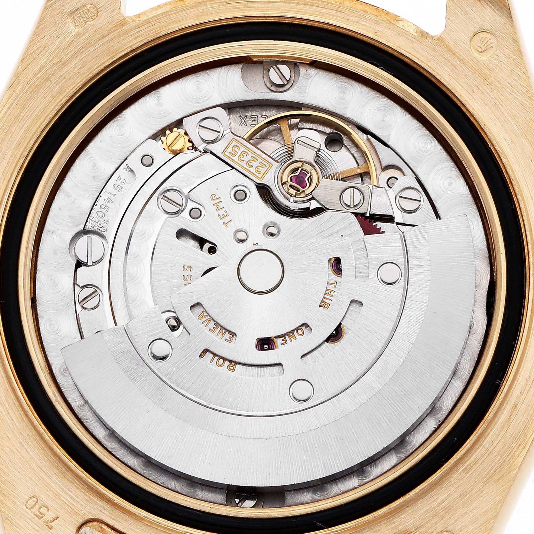This image shows the internal mechanical movement of a Rolex Pearlmaster 81358 Women
s Yellow Gold Mother of Pearl Dial watch from a top-down angle.