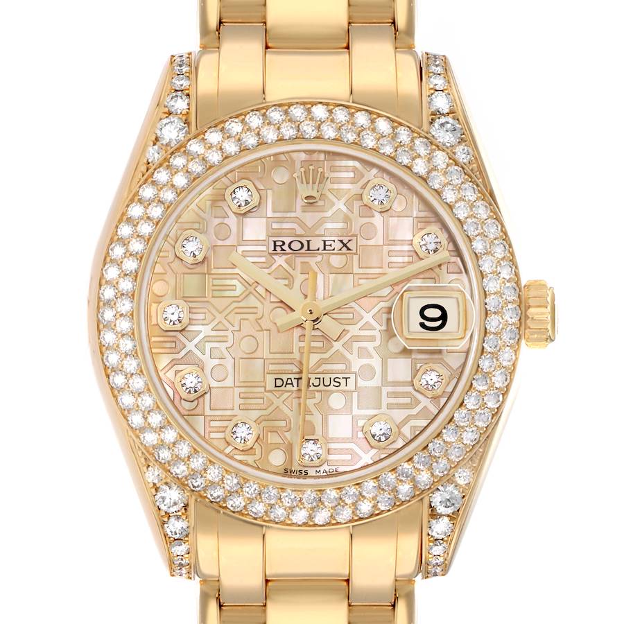 The Rolex Pearlmaster 81358 Women's Yellow Gold Mother of Pearl Dial watch is shown from a top-down angle, highlighting the dial, bezel, and part of the bracelet.
