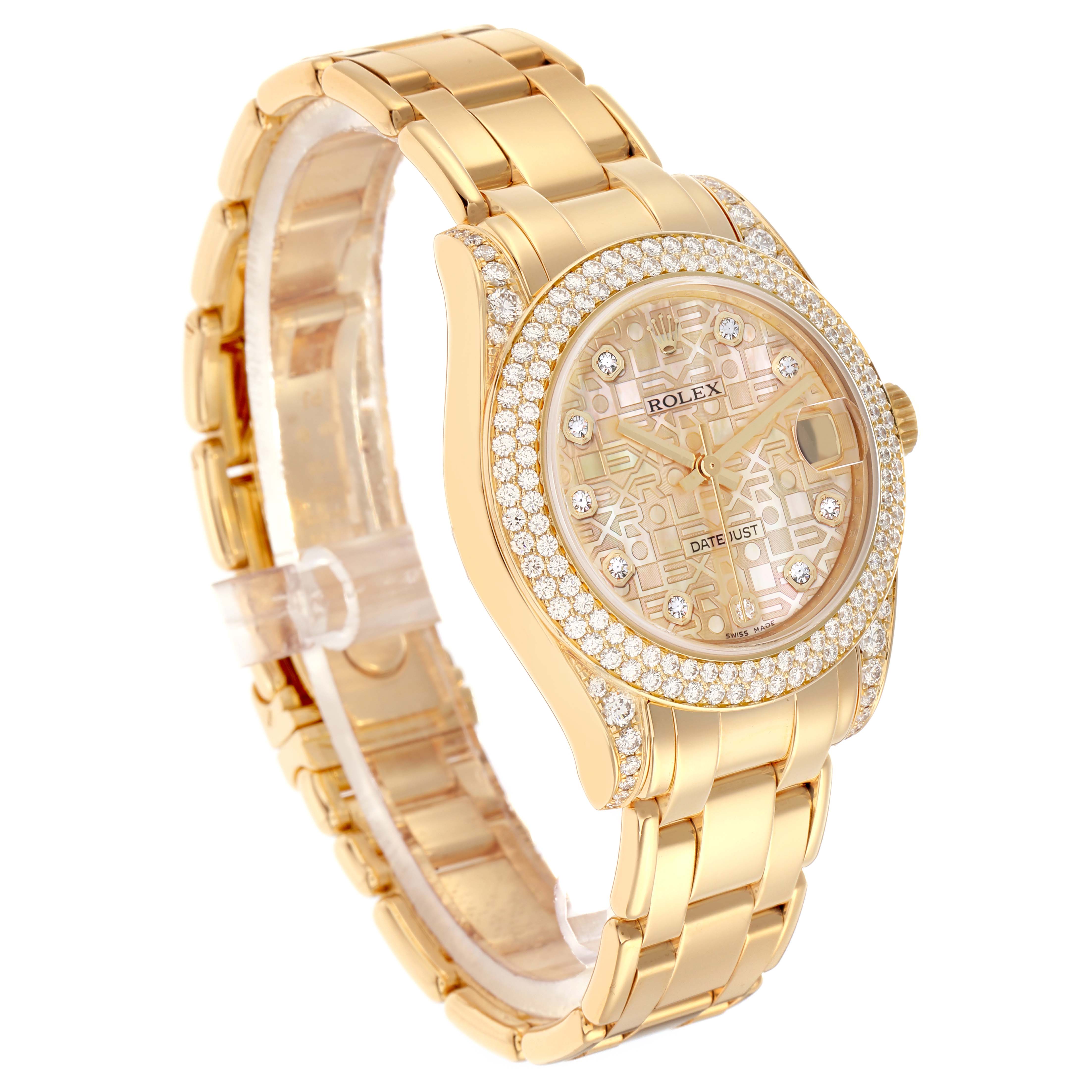 The Rolex Pearlmaster 81358 Women
s Yellow Gold Mother of Pearl Dial watch is shown at an angle highlighting the face, bezel, and bracelet.