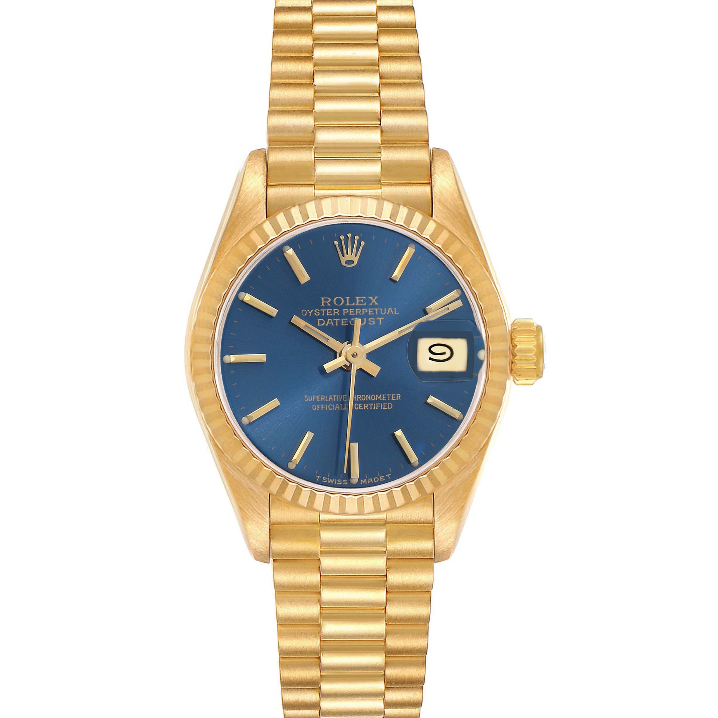 The image shows a frontal view of a Rolex President 69178 Women
s Yellow Gold Blue Dial model watch, highlighting its blue dial, gold case, and bracelet.