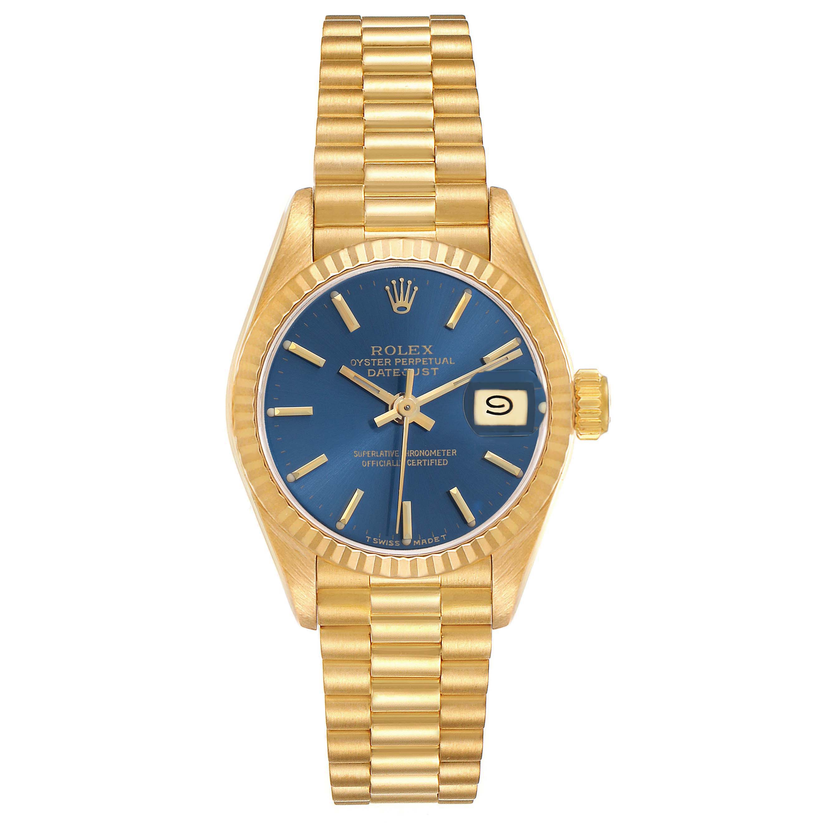 The Rolex President 69178 Women
s Yellow Gold Blue Dial watch is shown from a top-down angle, highlighting its blue dial, gold case, fluted bezel, and bracelet.