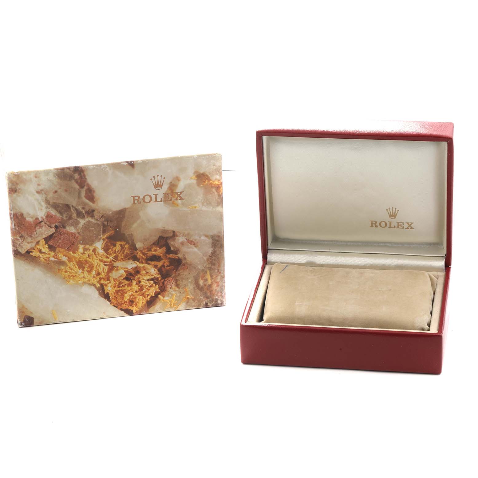 This image shows the box and packaging for a Rolex President 69178 Women
s Yellow Gold Blue Dial model watch, featuring the box and a card with Rolex branding.