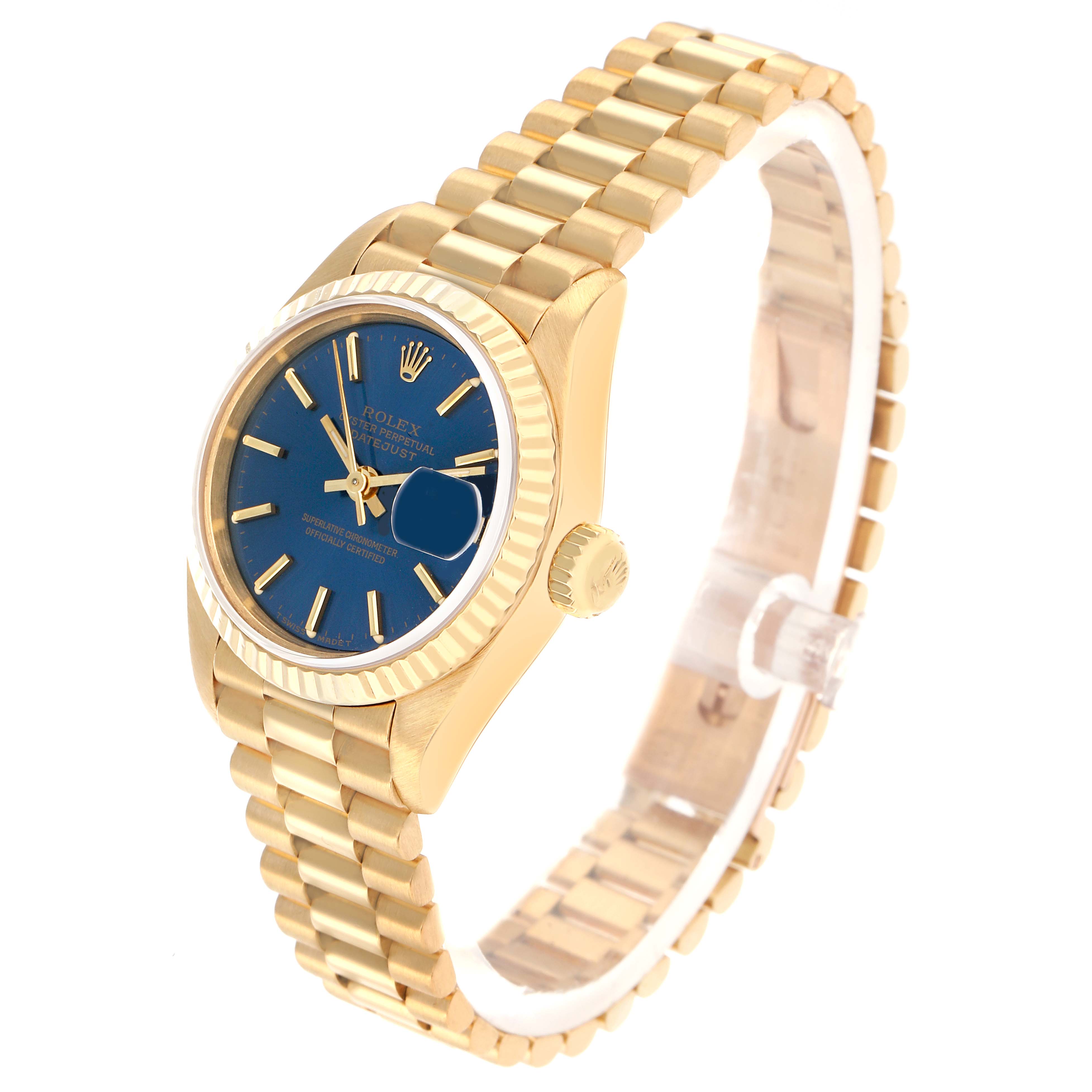 The Rolex President 69178 Women
s Yellow Gold Blue Dial model watch is shown at an angled view highlighting the face, bezel, and bracelet.