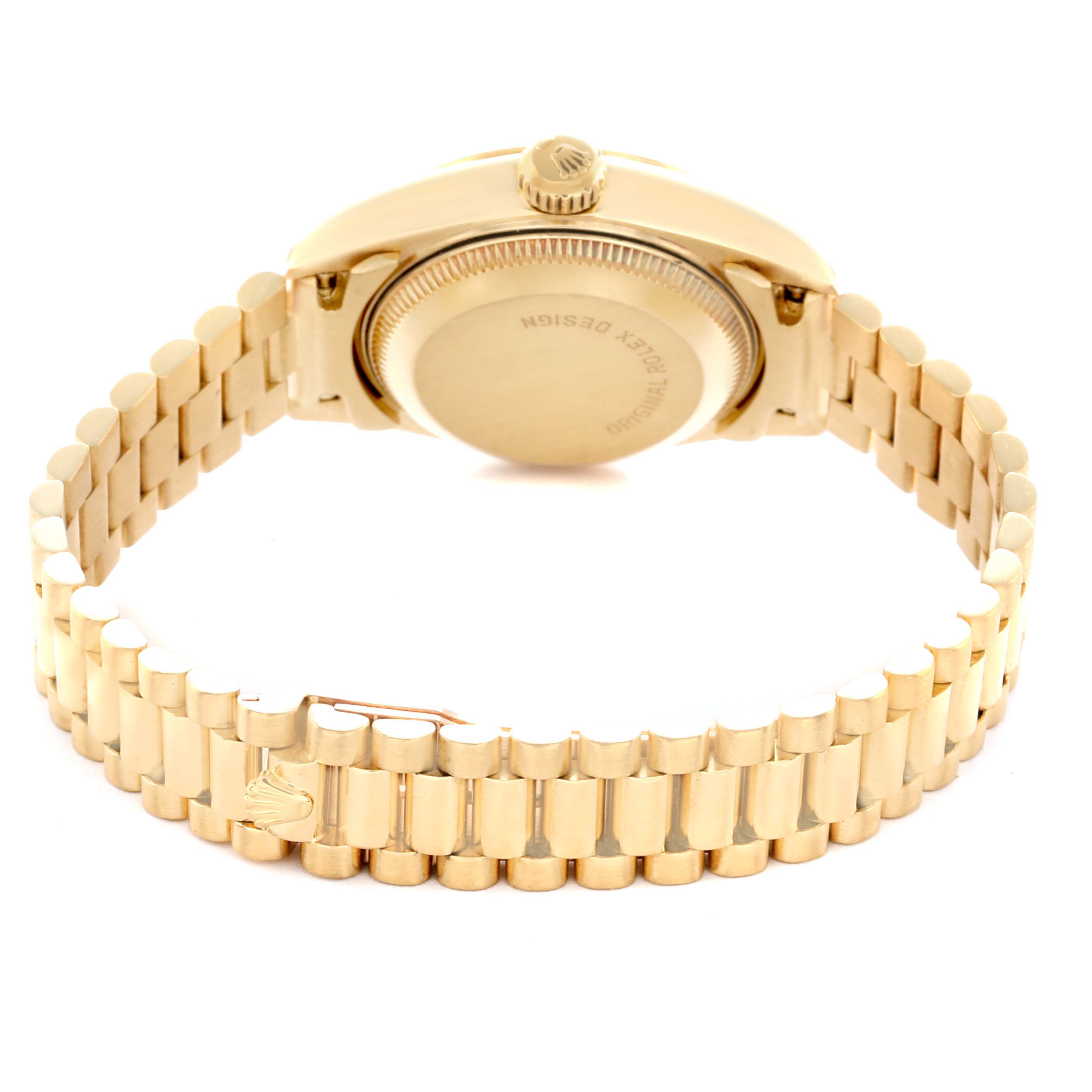 The Rolex President 69178 Women
s Yellow Gold Blue Dial model is shown from the back, displaying the case back, crown, and bracelet.